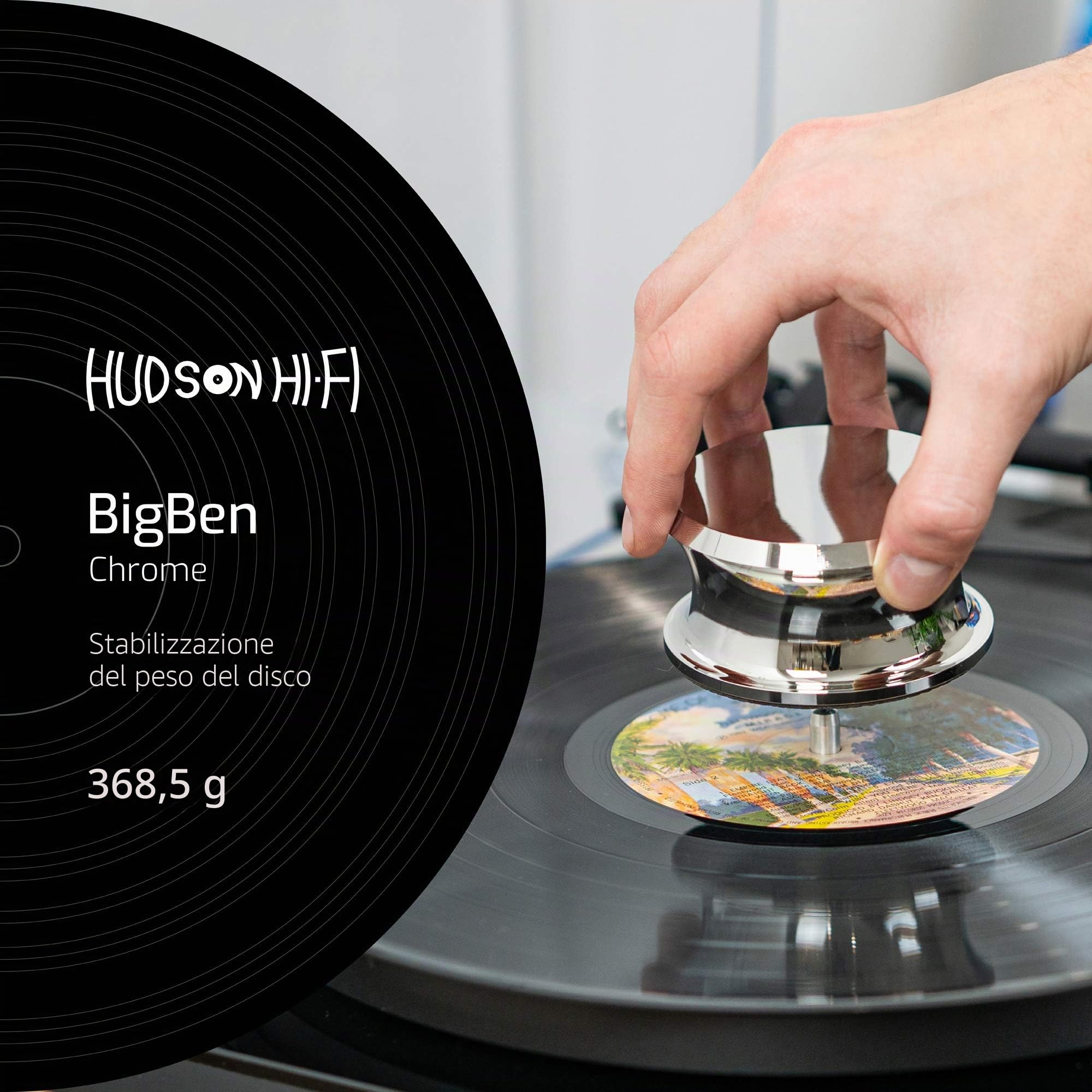 Hudson Hi-Fi BigBen - Stabilizzatore per pesi record con cuscinetto protettivo in pelle, peso per giradischi in vinile da 368,5 g, resistente ed elegante, adatto a qualsiasi giradischi, cromato