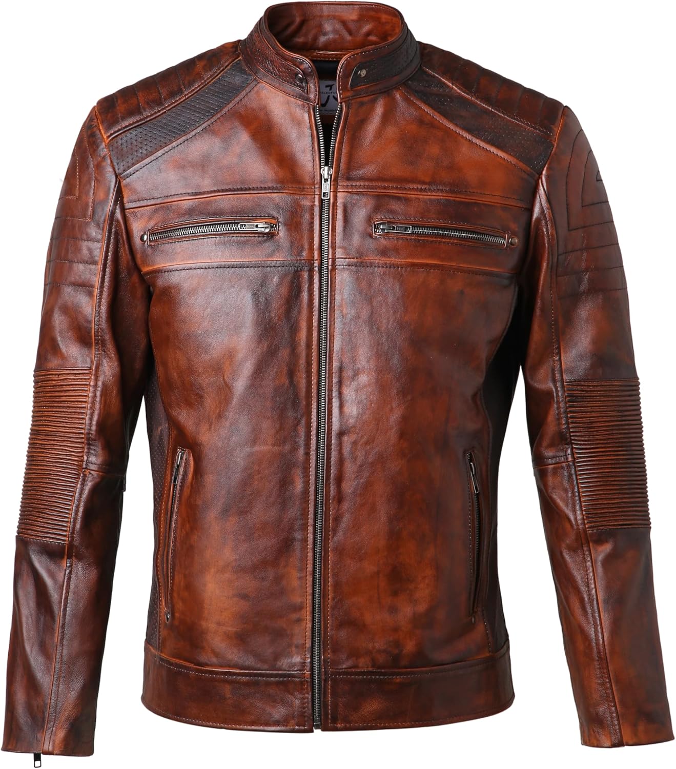 JS JacketStreet Men’s Brown Genuine Lambskin Leather Motorcycle Jacket - Slim Fit Biker Style Outerwear with Zipper Closure