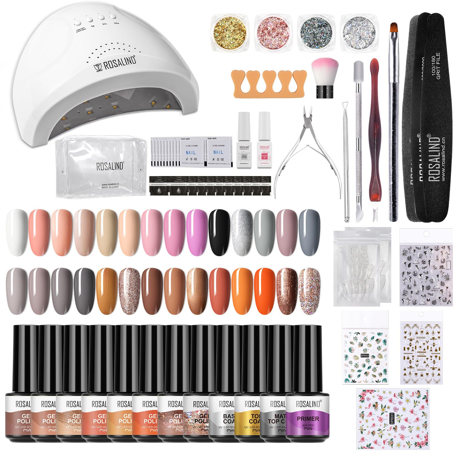 ROSALIND Kit Uñas Semipermanente, 48W Lampara Uñas Semipermanentes, 28 Colores Uñas Semipermanentes Kit Completo y Base Top Matte Coat Primer Gel Esmaltes Permanentes Blanco Negro Gris Marrón