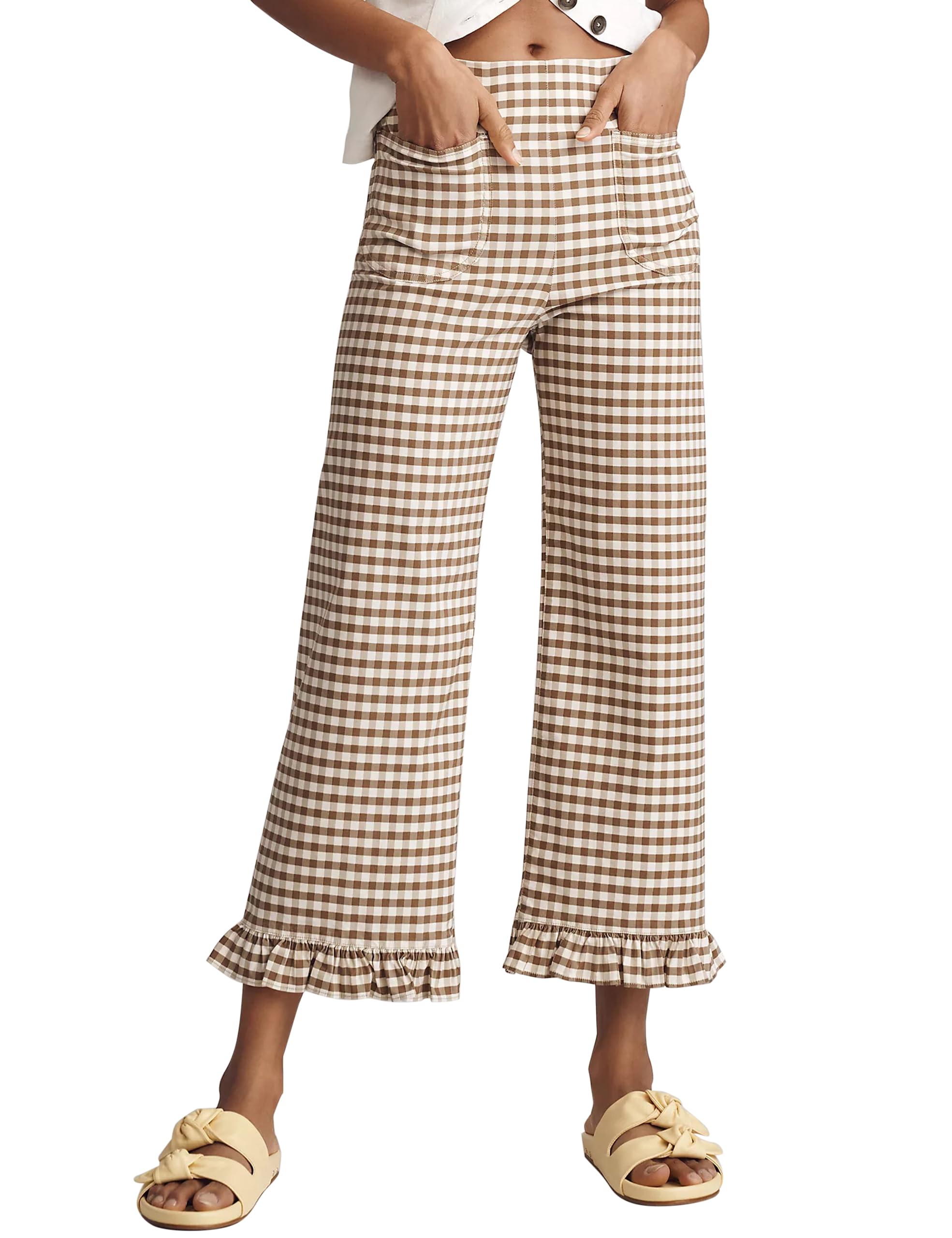 Womens Plaid Flare Pants Summer Casual Gingham Elastic Waist Ruffle Cropped Hem Y2K Loose Fit Trousers with Pockets