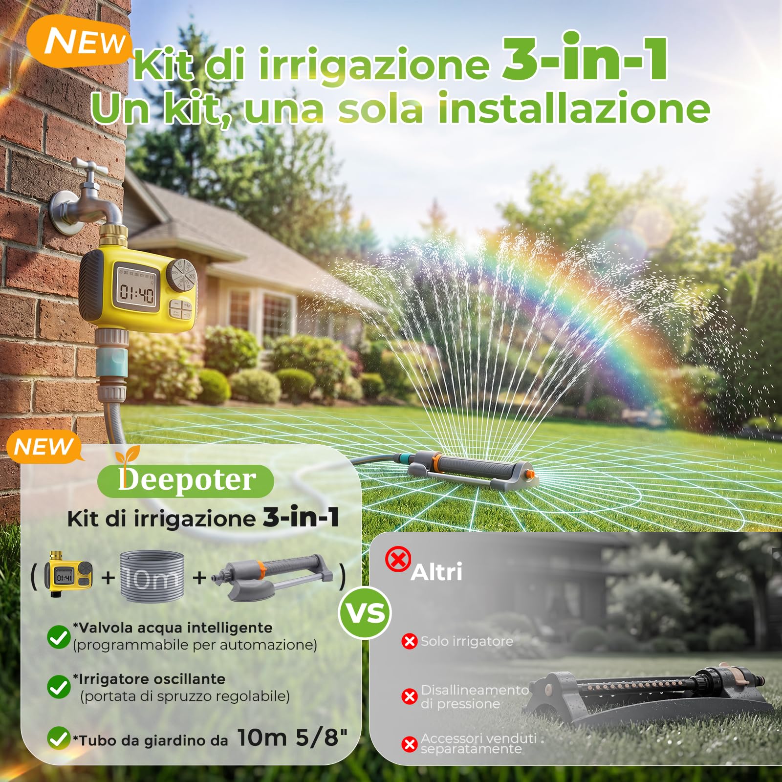 Timer Irrigazione Oscillante 10m Tubo Acqua 3 in 1 Kit | Display LCD IP55 20 Ugelli Quick Connect Raccordo Ottone Portata 300m, Aspersori per Prato e Giardino Piante e Verdure