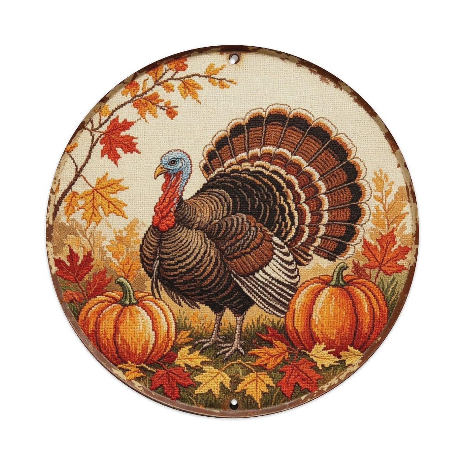 Thanksgiving Turkey Embroidery Metal Tin Sign Plaque