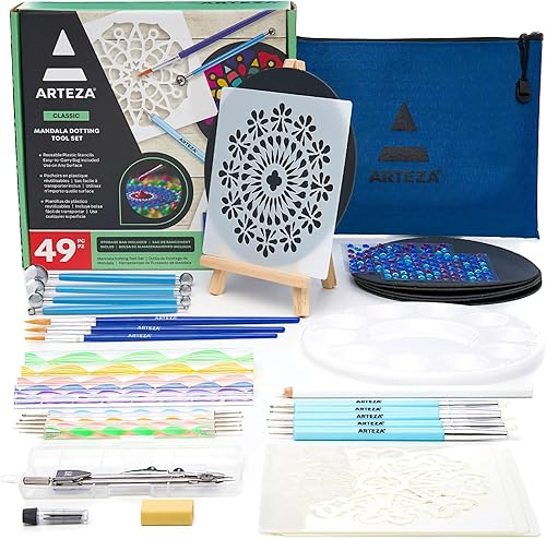 Arteza Herramientas de punteado de mandala, 49 piezas, 9 plantillas, 6 círculos de papel negro, 3 pinceles, 3 hojas de calcomanías de diamantes de