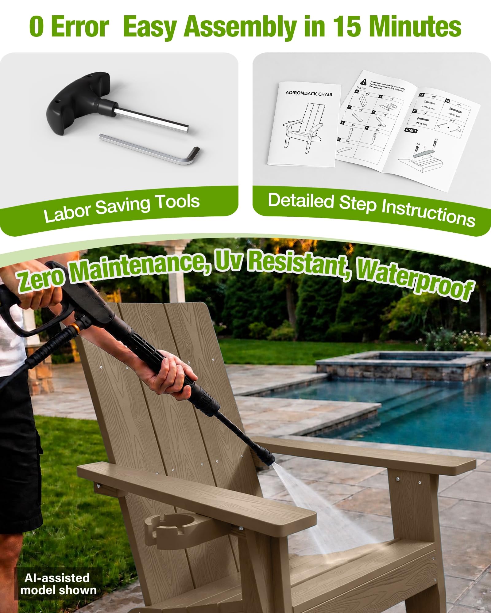 MXIMU Chaise Adirondack Moderne résistante aux intempéries avec Porte-gobelet – Chaises d'extérieur en Plastique surdimensionnées pour Foyer (Teck)