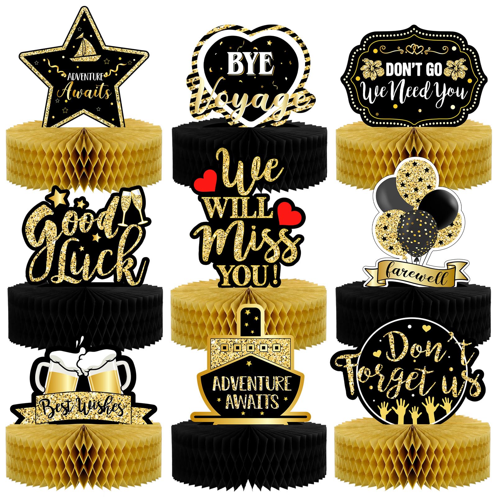 9 Pcs Farewell Party Decorations Going Away Party Decorations We Will Miss You Table Honeycomb Centerpieces Black and Gold 3D Table Centerpiece for Retirement Graduation Supplies