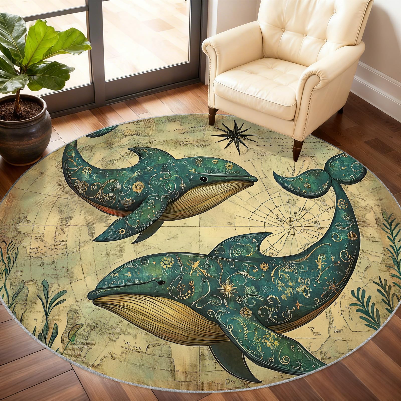 Tapis rond antidérapant pour table à manger et salon motif baleine 200 cm