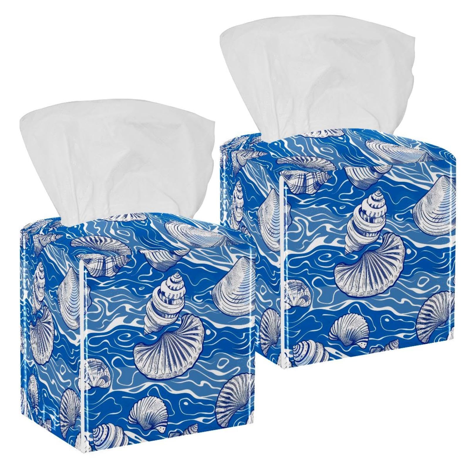 Shells Tissue Box Cover, 2 Pack PU Leather Square Facial Tissue Dispenser Box holder for Home Office Car