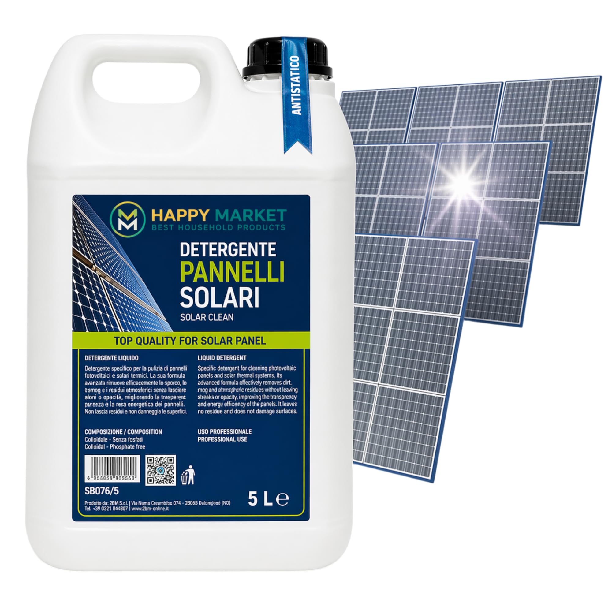 HM Detergente per Pannelli Fotovoltaici e Solari 5 L Antistatico per Pulizia di Superfici Vetrate di Impianti Fotovoltaici e Solari Termici