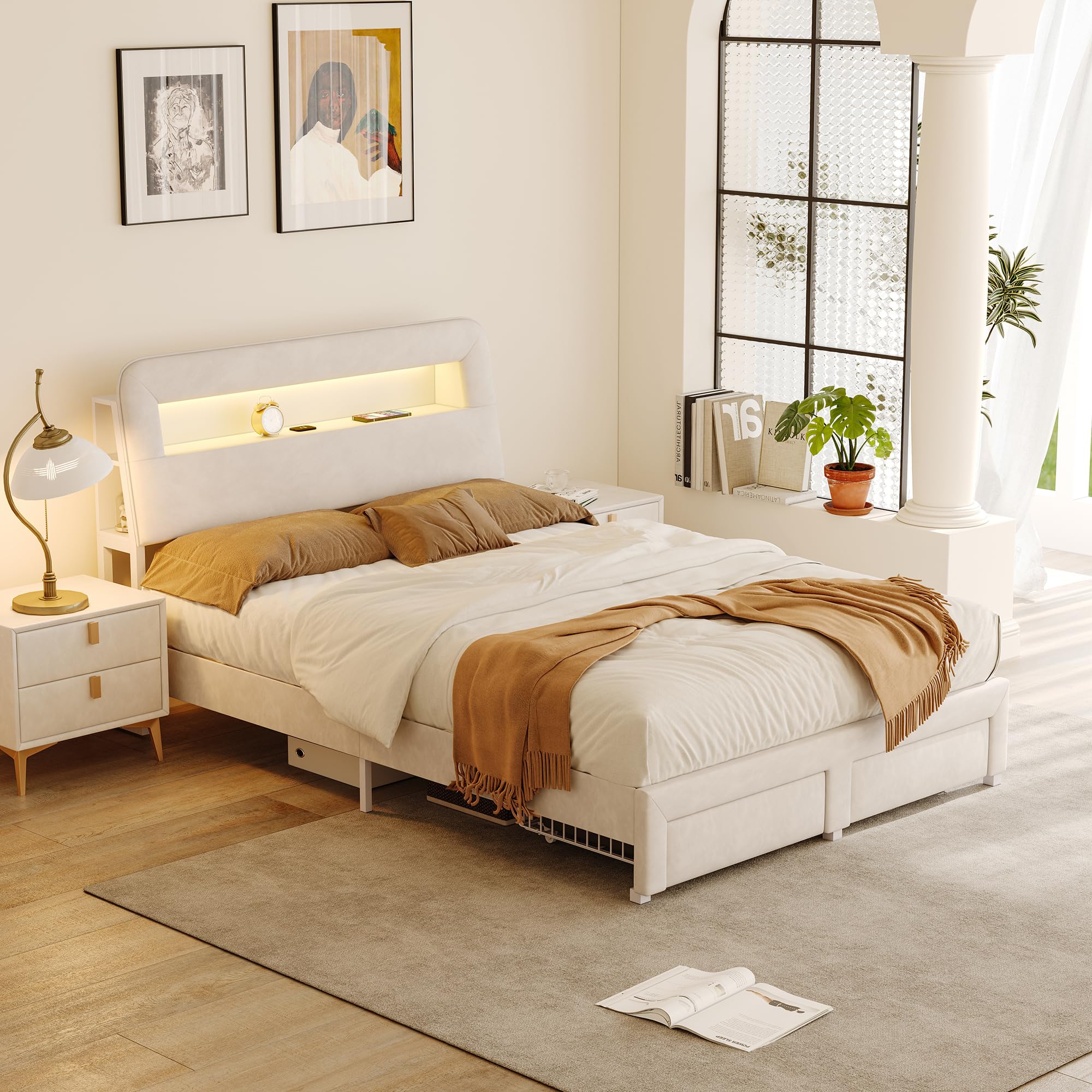 Letto imbottito 160x200 cm con 2 Cassetti, Letto matrimoniale a LED, letto contenitore una piazza e mezza, Funzionale con testiera, Struttura letto con rete a doghe, in Velluto