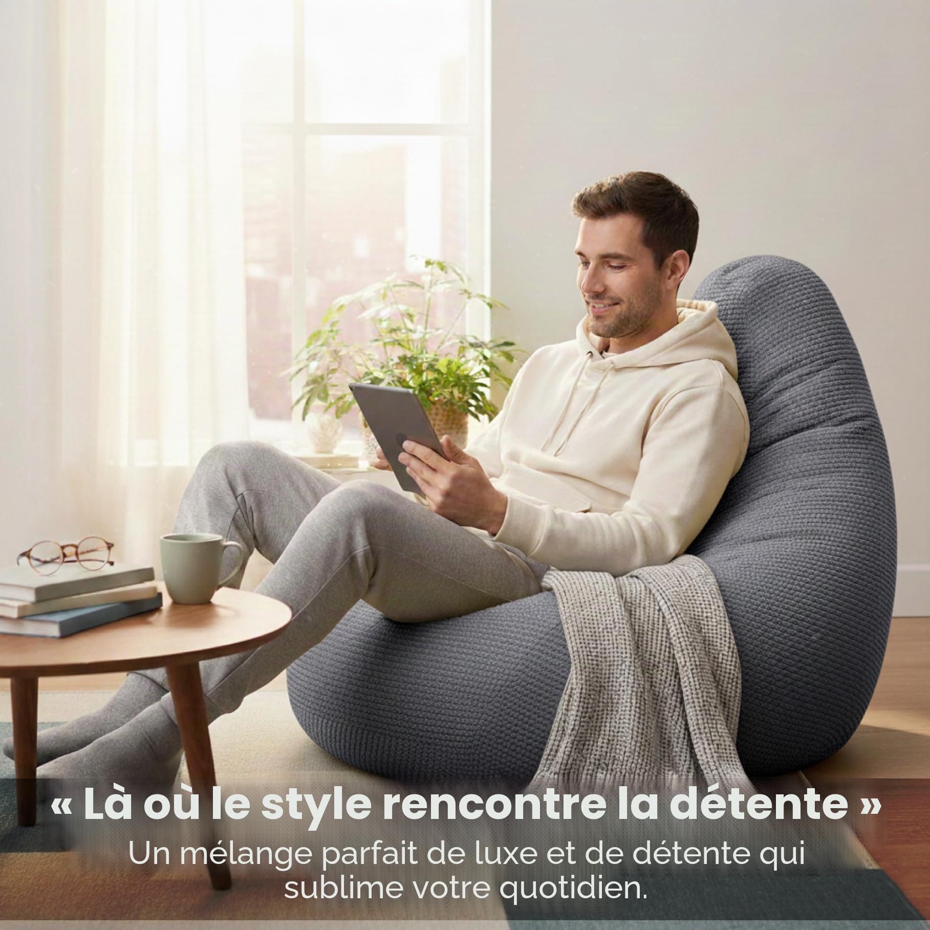 Loft 25 Pouf ergonomique d’intérieur en forme de poire à dossier haut pour adulte en tissu velours côtelé et doublure intérieure Gris anthracite