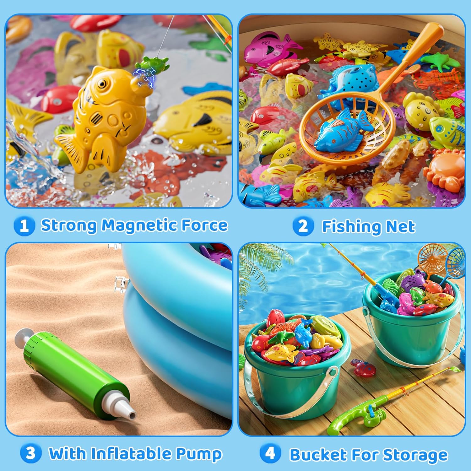 Magnetic Fishing Game Pool Toys for Kids 3 4 5 6 7 8, Water Table Bathtub Toys with Inflatable Pool, Bath Toys for Toddlers, Summer Outdoor Indoor Magnetic Fishing Toys Gifts for Boys Girls 3-5 4-8
