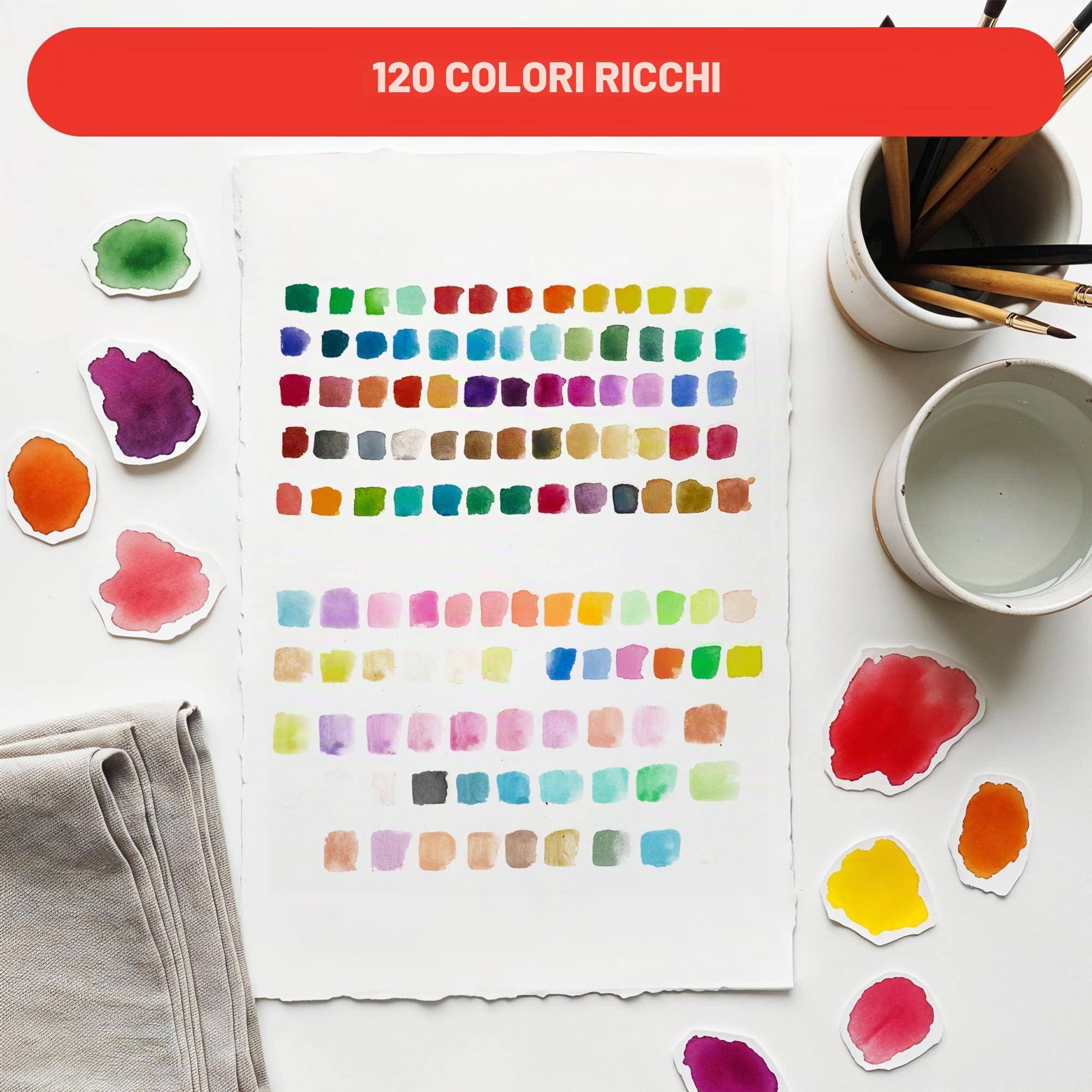 Set di colori ad acquerello, 120 colori in scatola con pennello e carta, set di pittura ad acquerello di alta qualità per artisti, confezione regalo con colori metallizzati e fluorescenti
