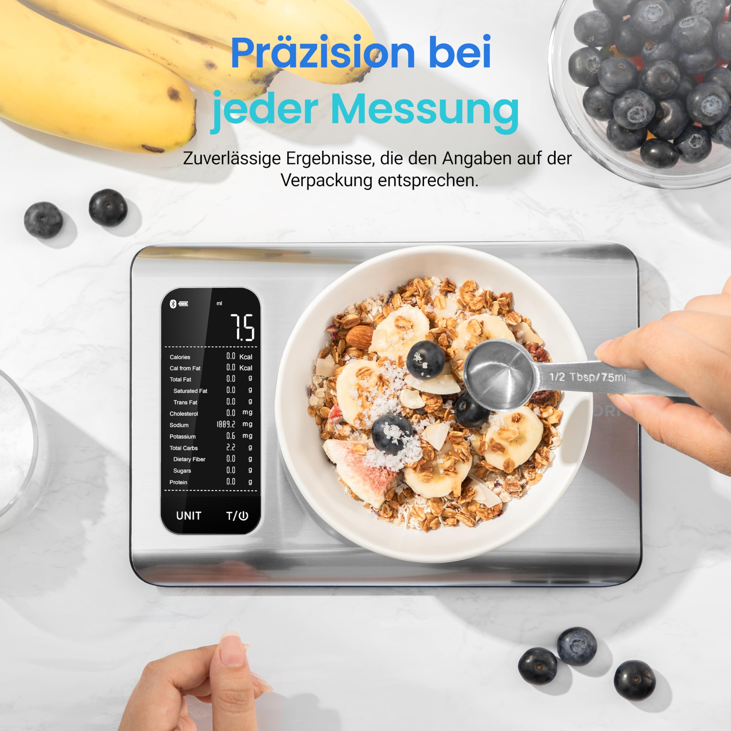 Cosori Küchenwaage digital mit Nährwertberechnung, Edelstahl, 5KG-1g, Silber