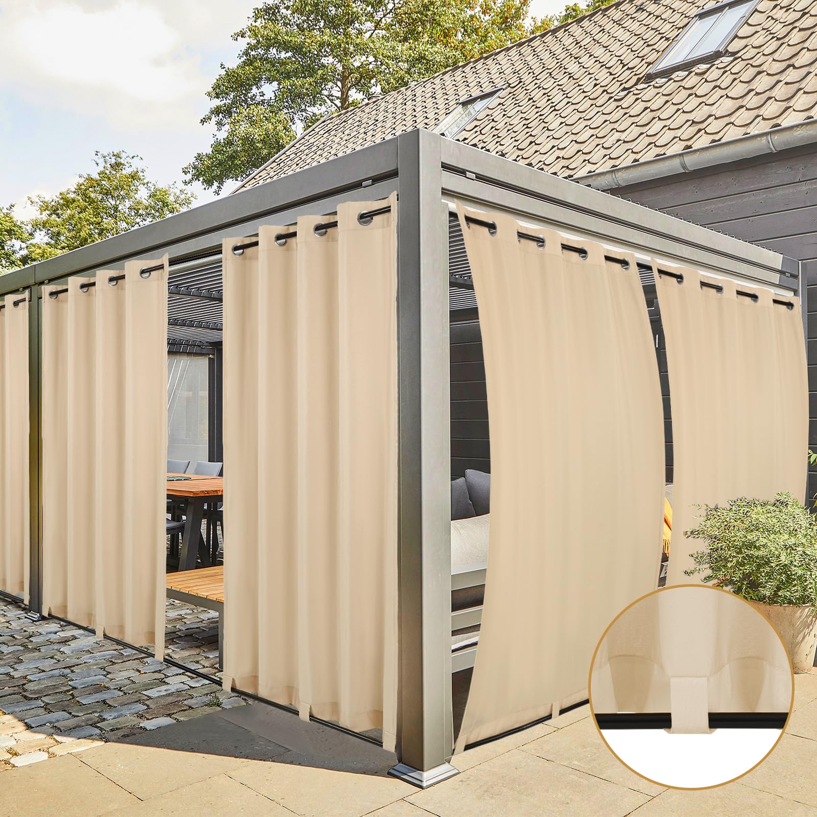 Teruntrue Rideau Extérieur Lot de 2 Rideau pour Pergola Occultant Résistant aux Intempéries avec Oeillet, Rideaux pour Tonnelle, Balcon, Terrasse, Rideaux avec Passants en Bas, H213 x L132 cm, Beige