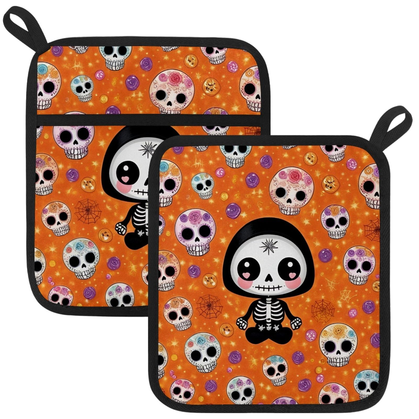VAPOKF Funny Skeleton Heat Resistant Pot Holders, Thick Pot Holders Pad with Hanging Loop for Kitchen, Oven Cloth Pads for Kitchen Baking Microwave Oven