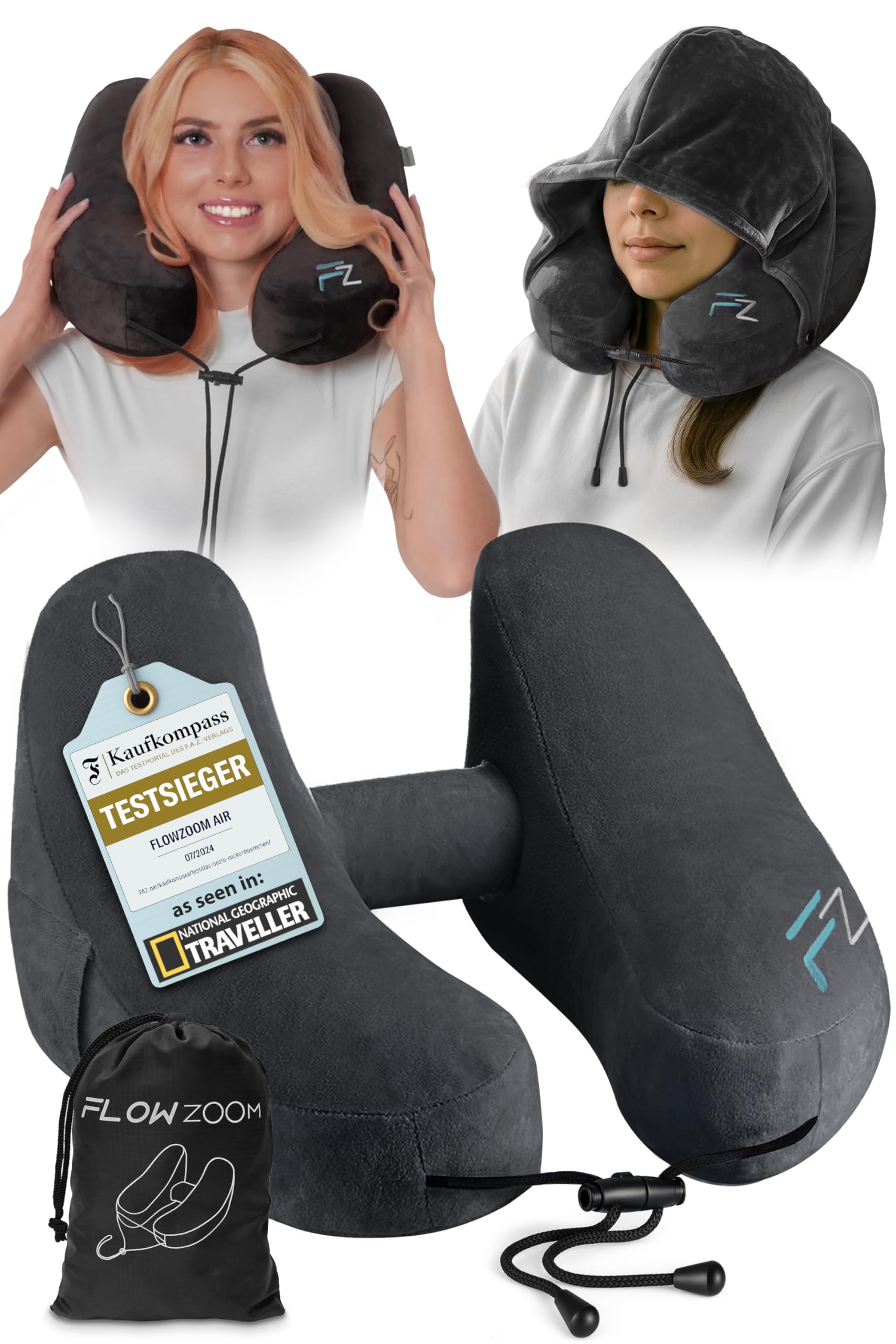 FLOWZOOM Air Nackenkissen Flugzeug in H-Design, Reisekissen für 5 Schlafpositionen, schnell aufblasbar & druckregulierbar, Nackenhörnchen mit Abnehmbarer Kapuze & Plüschbezug - Größe M, Schwarz