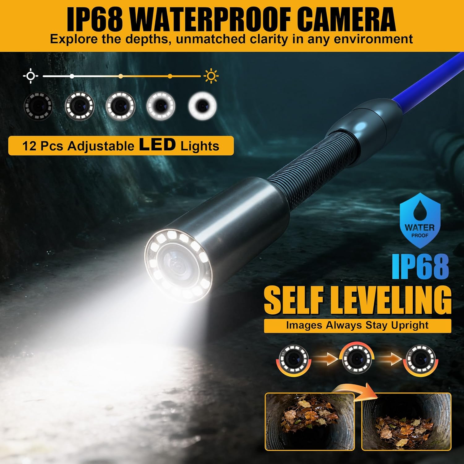 165Ft Sewer Camera Self-Leveling, Pipe Damage Inspection, Sewer Line Inspection, Drain Clog Diagnosis, Basement Drain Inspections, Bathroom Drain Inspections, 9'' HD Screen, IP68, DVR, Pros & DIYers