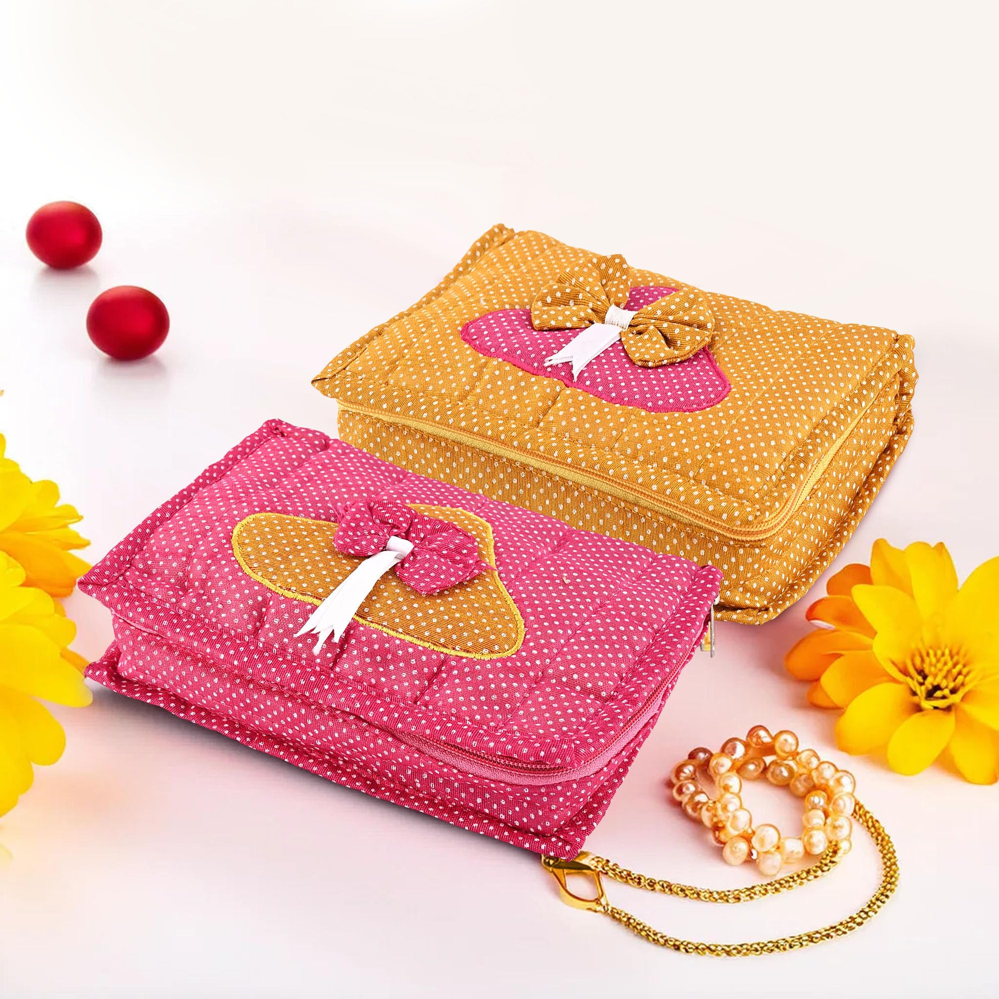 Kuber Industries Pack of 2 Cosmetic Organisers Storage Box With 7 Pockets | Jewellery Organisers For Travel | Toiletries Bag | Dot- Pink & Golden