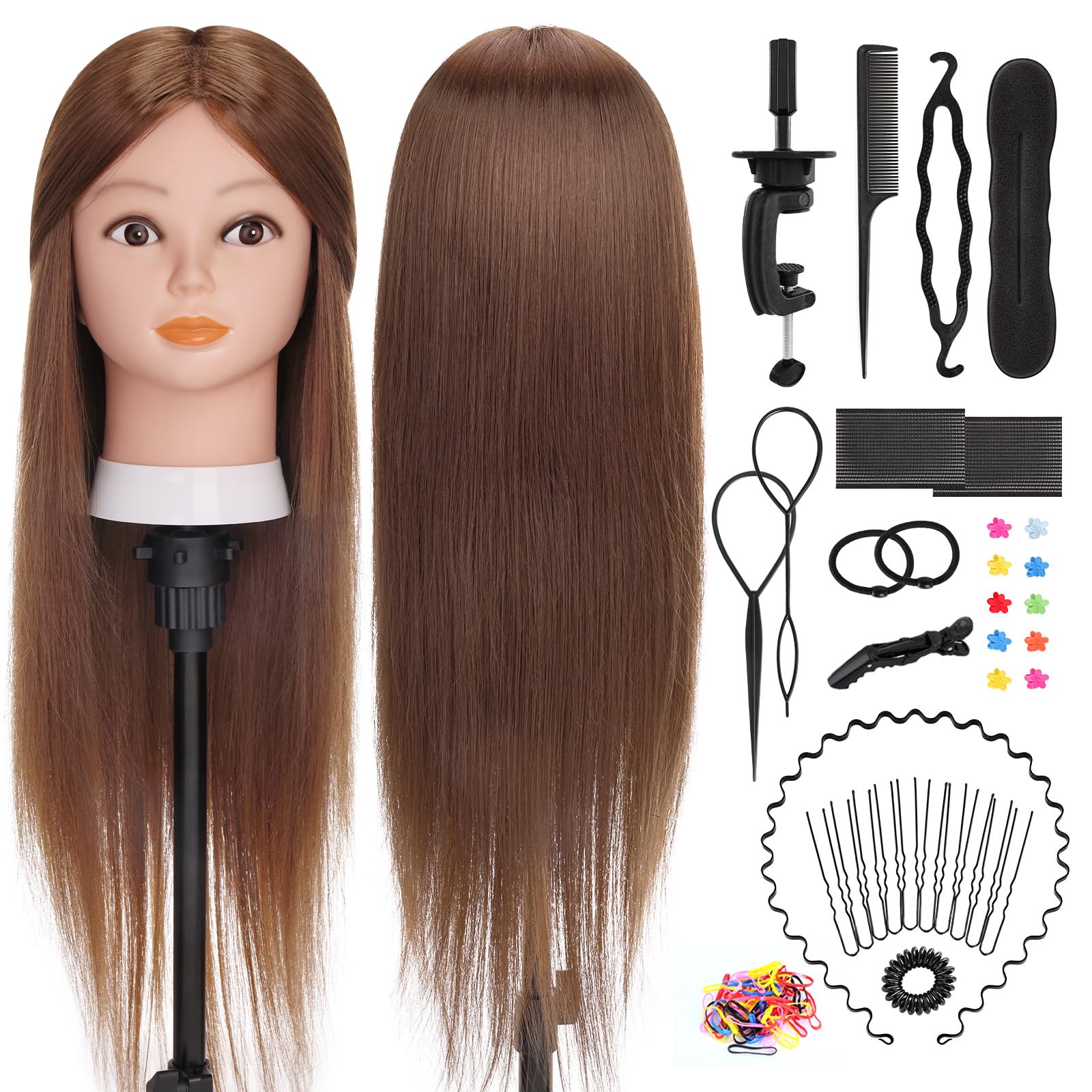 Cabeza de Peluqueria, Yofuly 26inch Cabeza Maniquí, 80% Cabello Humano, Cabeza Práctica Modelo Maniqui de Cosmetología con Abrazadera de Mesa y Juego de Trenzas de Cabello DIY Maniquí (castaño claro) — view 14