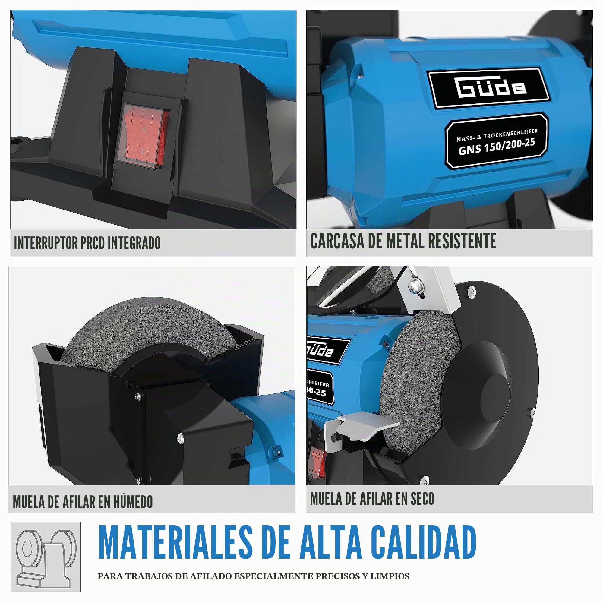 Güde 55238 GNS 150/200-55238 - Lijadora en seco y húmedo con motor de condensador y carcasa de metal estable, incluye disco abrasivo de 200 y 150 mm de diámetro, 250 W, 2950 min-1, color azul