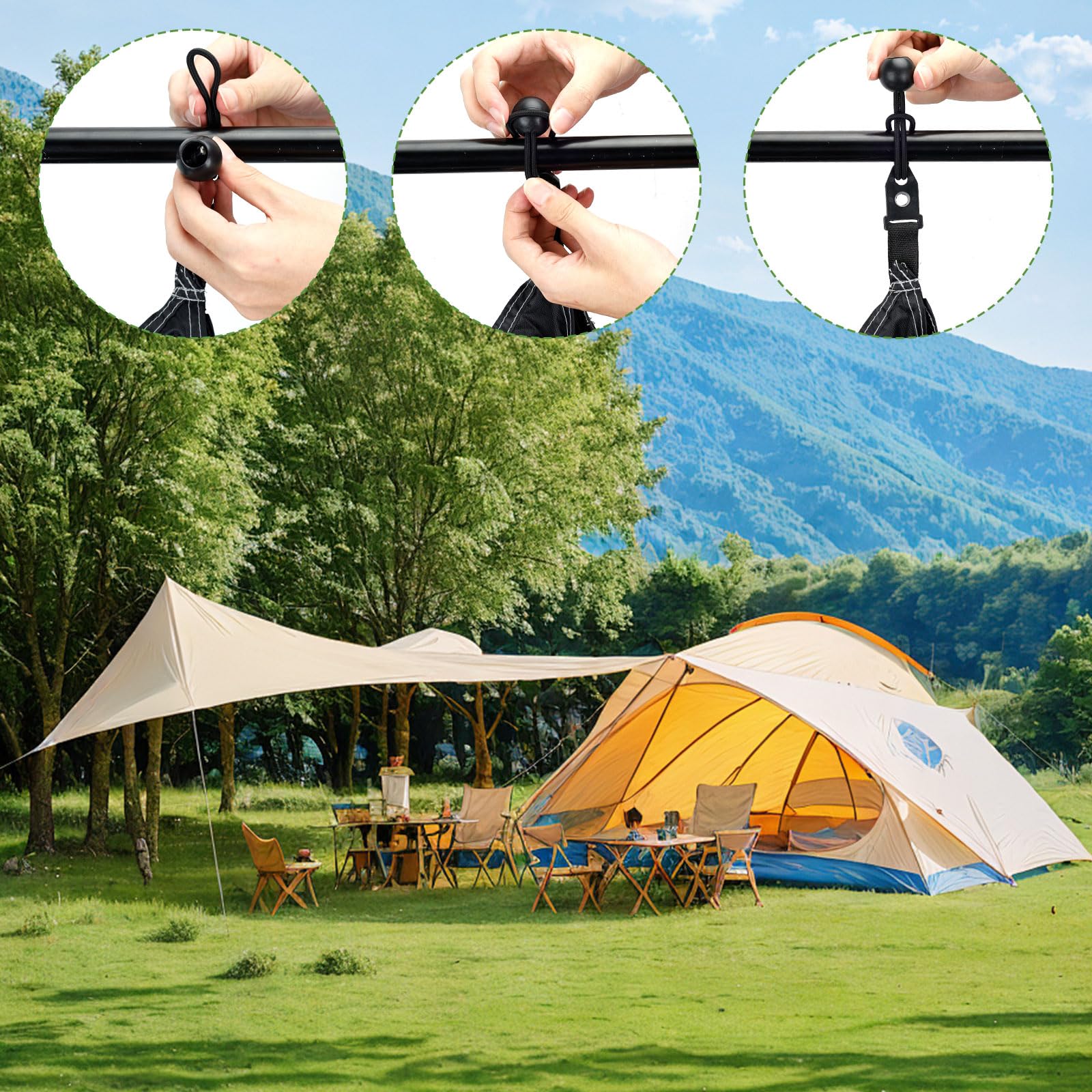 Dadabig Lot de 30 Clip de Bâche Tente, Clip de Bâche Multifonctions Pinces pour Tente, Pince pour Bâche avec 10 Cordon Élastique Noir, 10 Mousquetons, 4 Cordes de Tension Coupe-Vent