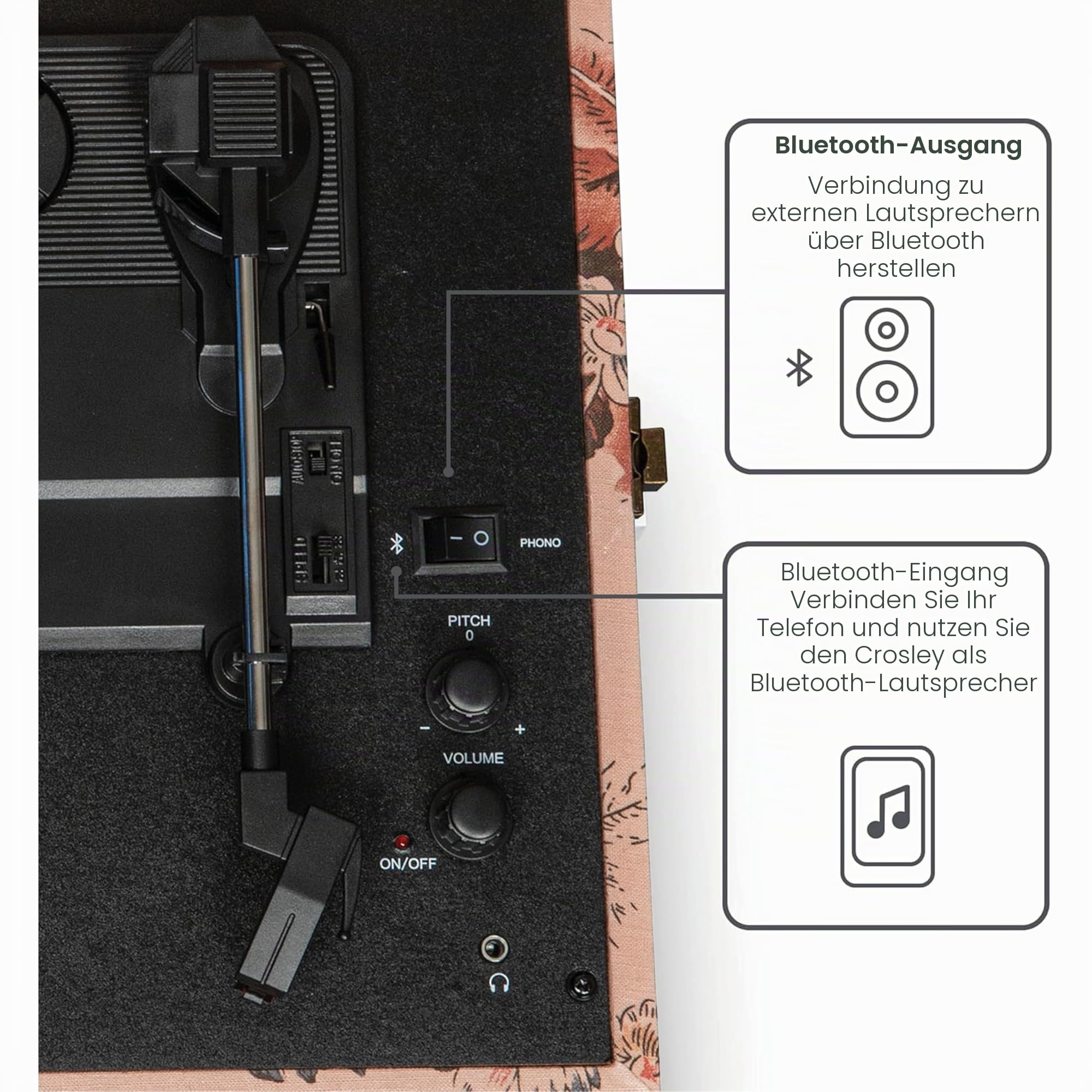 Crosley Voyager Plattenspieler mit 2 Lautsprecher, Bluetooth In & Out und AUX - 3 Speed Retro Schallplattenspieler - Für 7", 10" und 12" Vinyl - Tragbar mit Integriertem Koffer - Blumen
