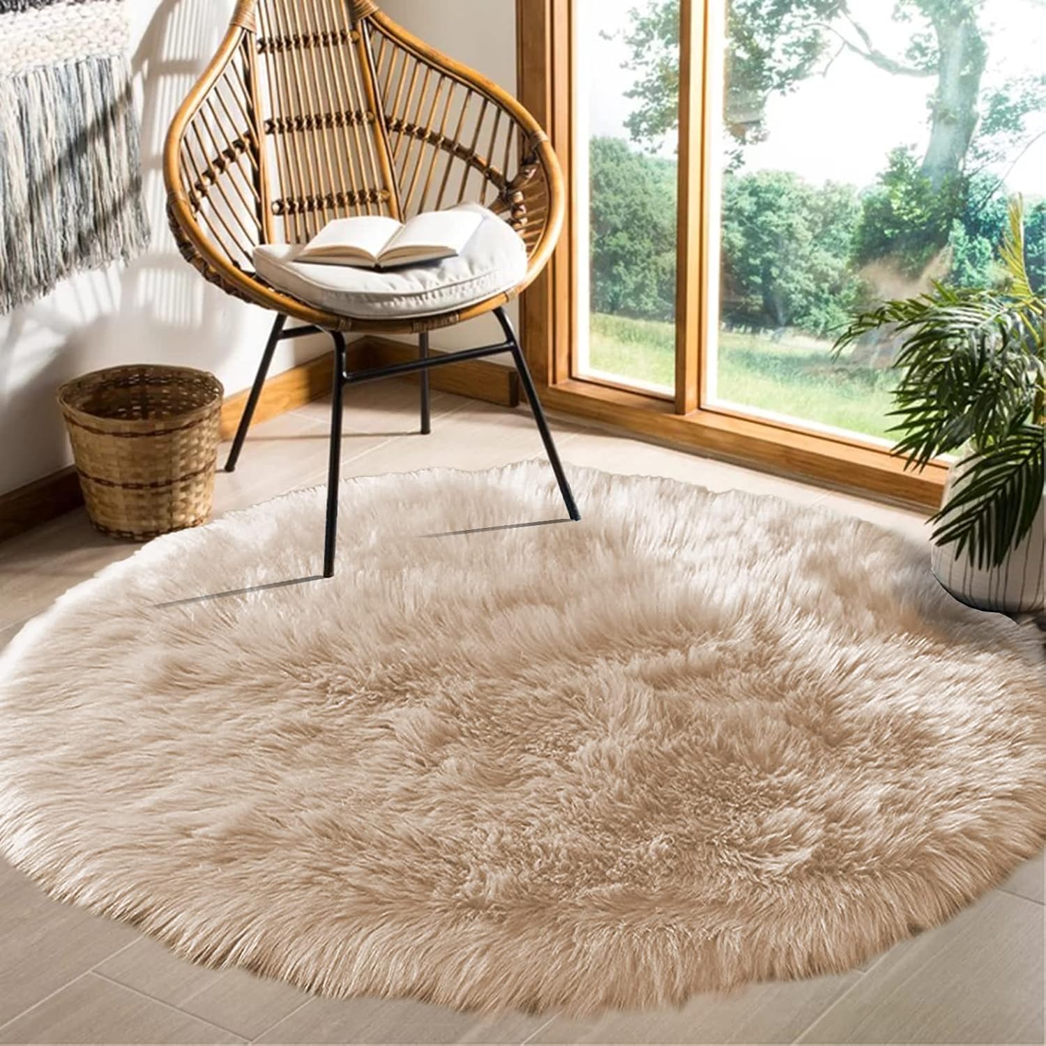 Goolela Circle Rugs for Bedroom Round Rugs 5ft Beige Fluffy
