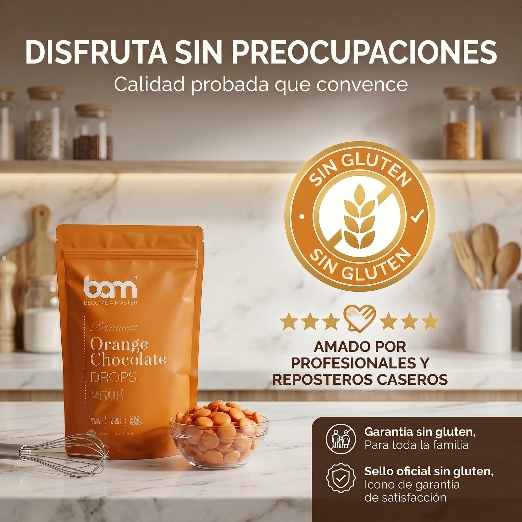 BAM Gotas de Chocolate Naranja 250 g Callets Chips para fundir repostería