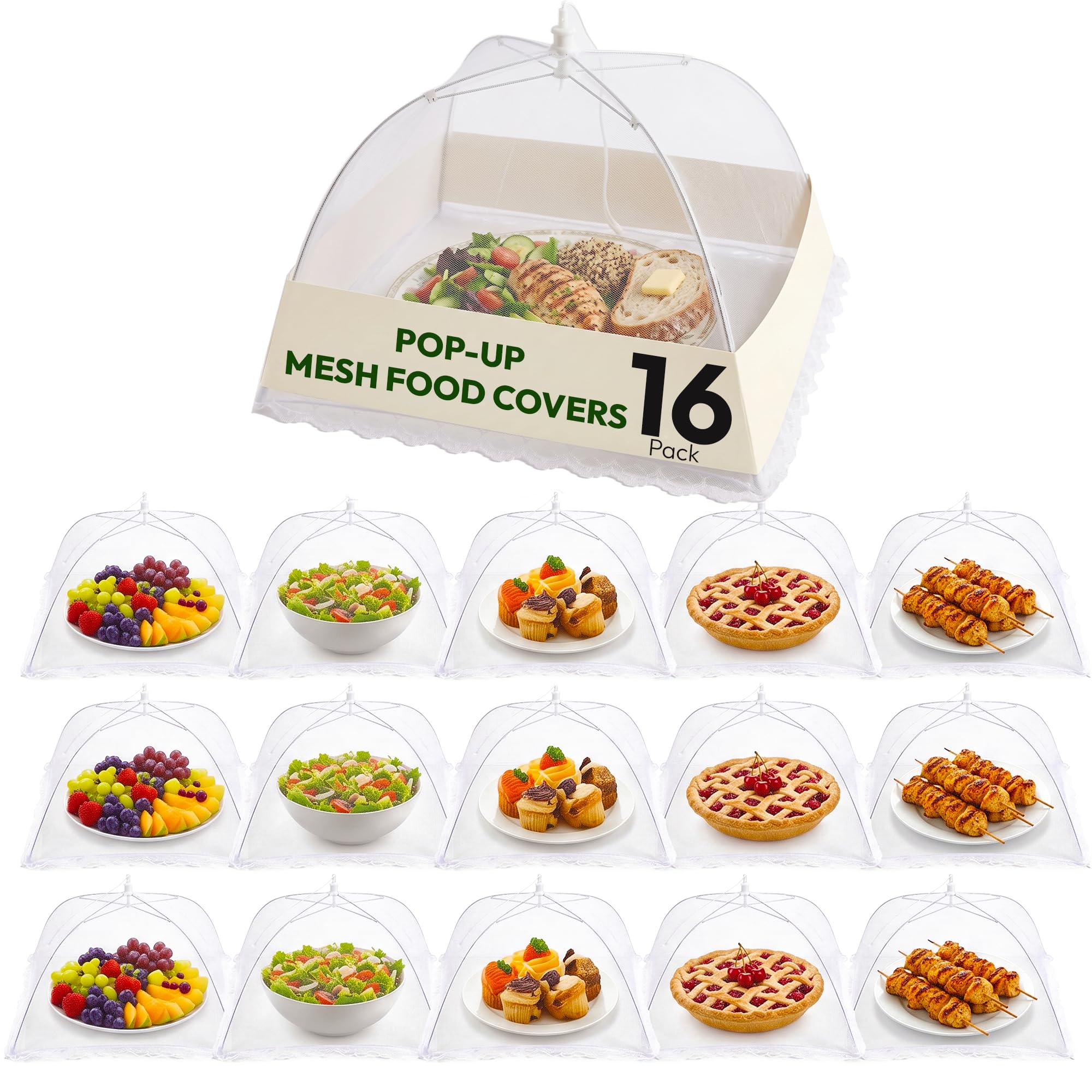 Food Covers Mesh Pop Up 16 Pack - 17" Food Umbrella Netting Covers – Food Net Cover Foldable & Reusable Plates, Dish & Bowls Mesh Cover for BBQ, Picnics, Garden Parties, Camping & Family Meals