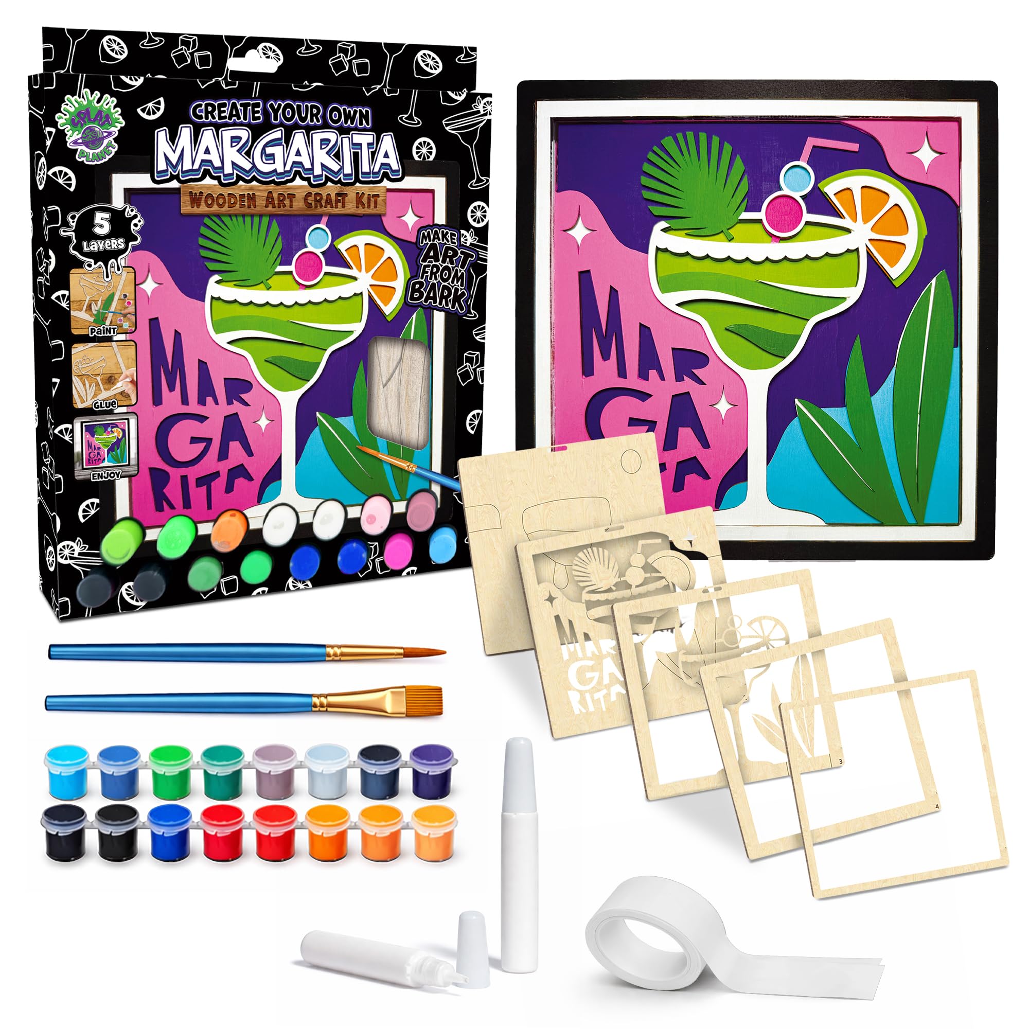 Splat Planet Margarita 3D Wooden Art Kit – Paint Your Own 3D Layered Wood Wall Art for Kids & Adults, DIY 3D Art Margarita Wood Painting Kit Wooden Art and Craft Gift Set, 25 x 25cm (10 x 10 inches)