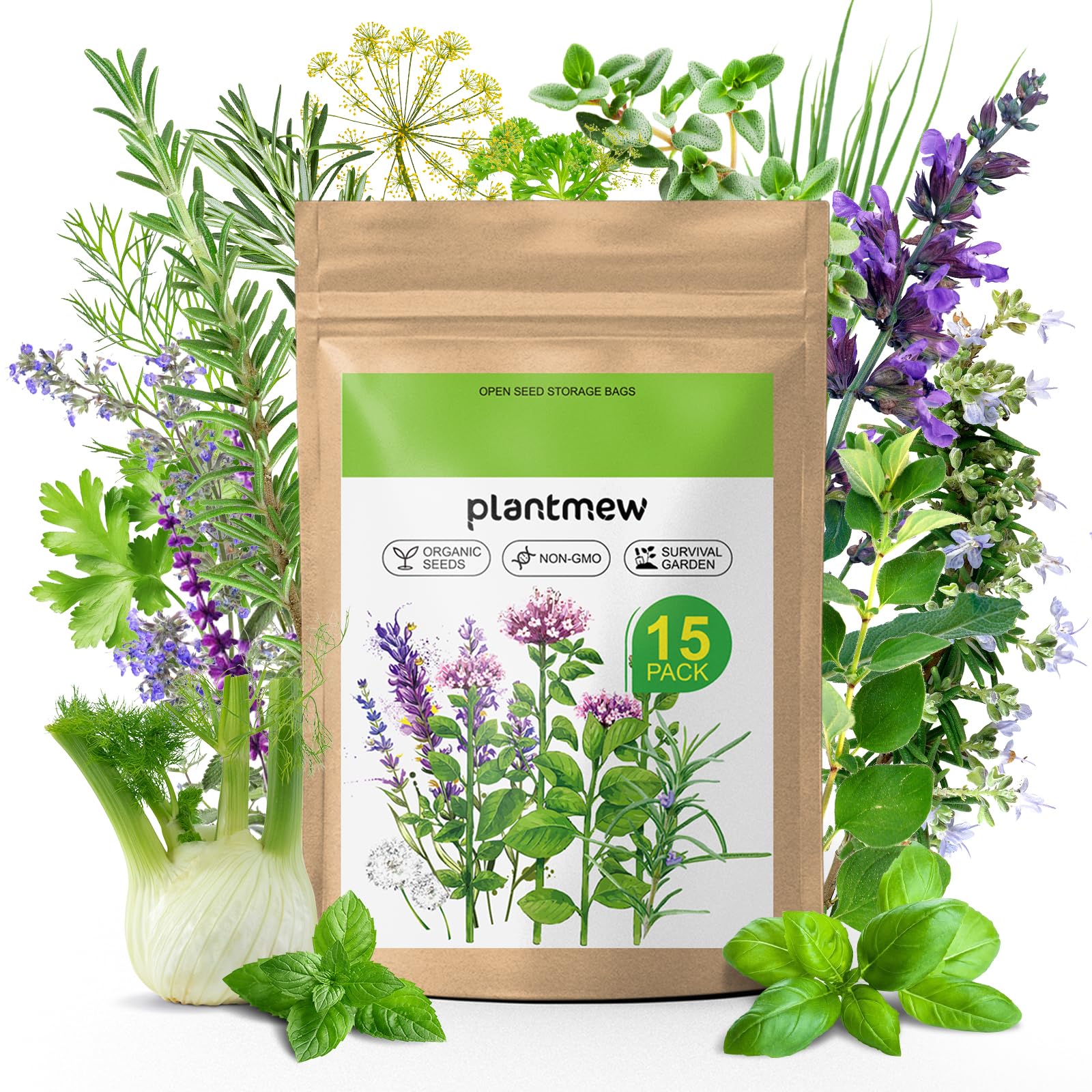 15 Medicinal & Culinary Herb Seeds Variety Pack - 4,500+ Non-GMO Heirloom Seeds for Indoor & Outdoor Planting, Hydroponics, Herb Garden | High Germination | Includes Basil, Cilantro, Rosemary