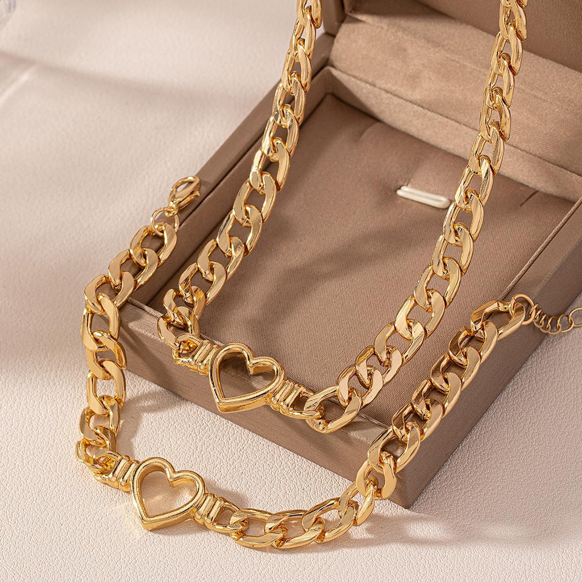 PLOUTOS Heart Hollow Open Chunky Curb Chain Link Necklace Bracelet Set For Women Two Piece Matching Jewelry For Women Alloy Gold Tone Adjustable Statement - Image 4