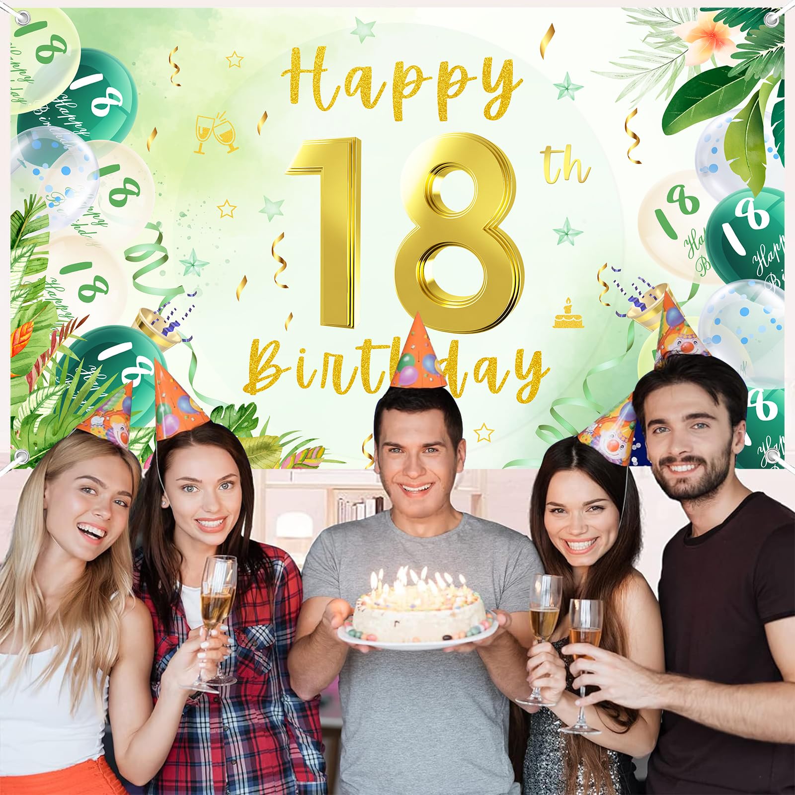 thumbnail: 18e Verjaardag Banner - Extra Grote Stoffen Achtergrond 185x110 Cm | Groen Met Goud | Herbruikbaar