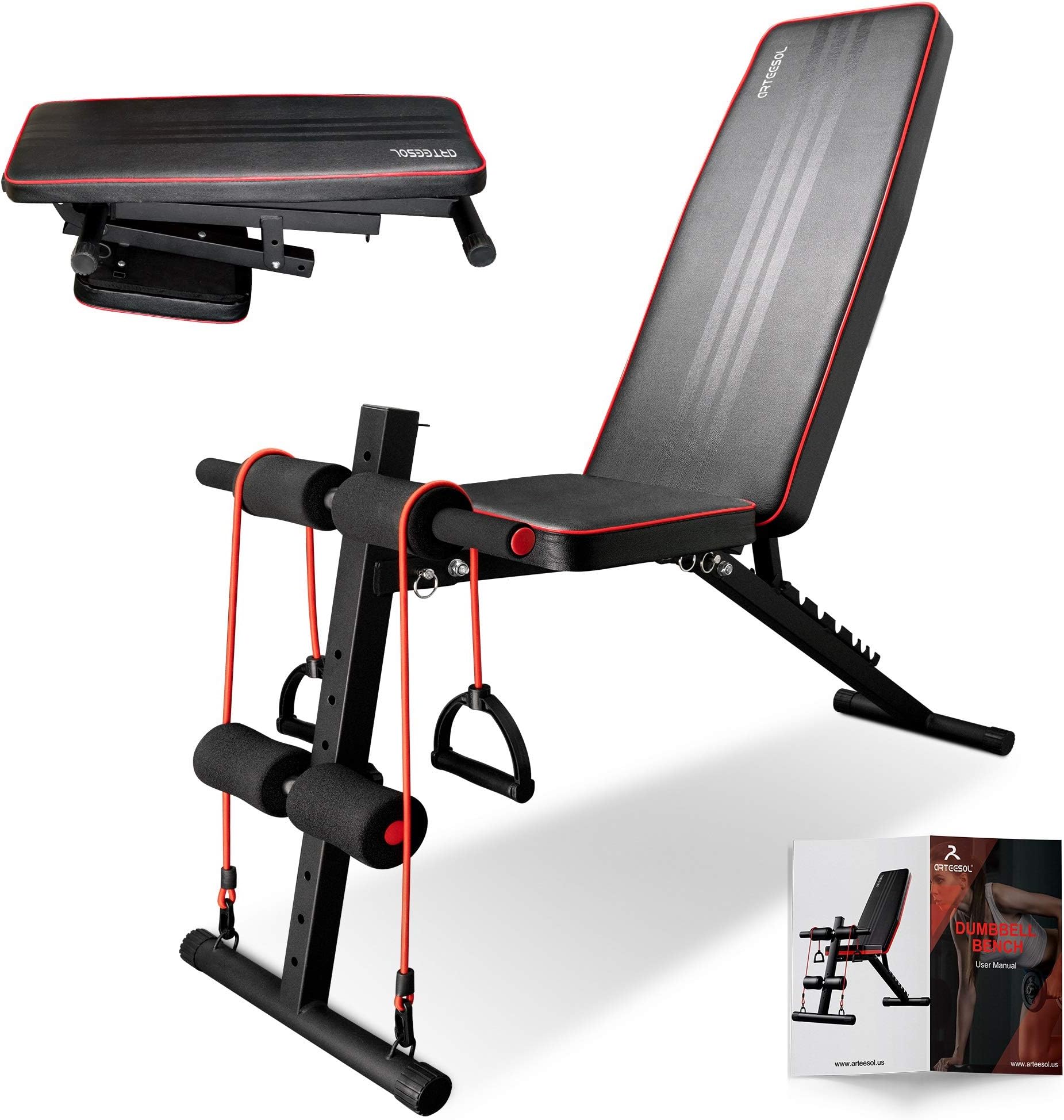 arteesol Weight Bench – Adjustable Weight Bench Workout Bench Exercise Bench with Elastic Strings for Full Body Training