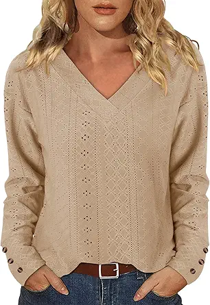 KISSMODA Long Sleeve Fall Shirts For Women V Neck Tunic Tops Embroidered Button Down Knitted Blouses 2025