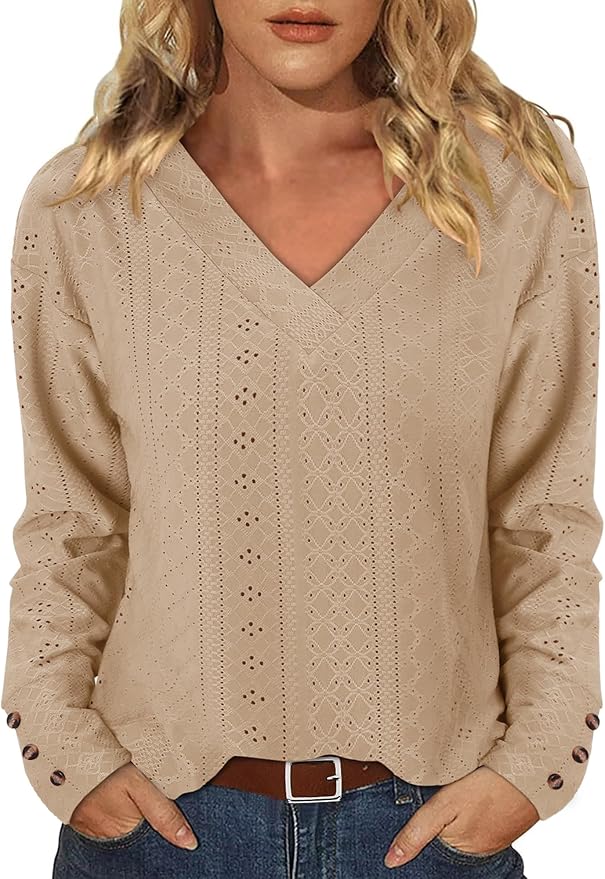 KISSMODA Long Sleeve Fall Shirts For Women V Neck Tunic Tops Embroidered Button Down Knitted Blouses 2025