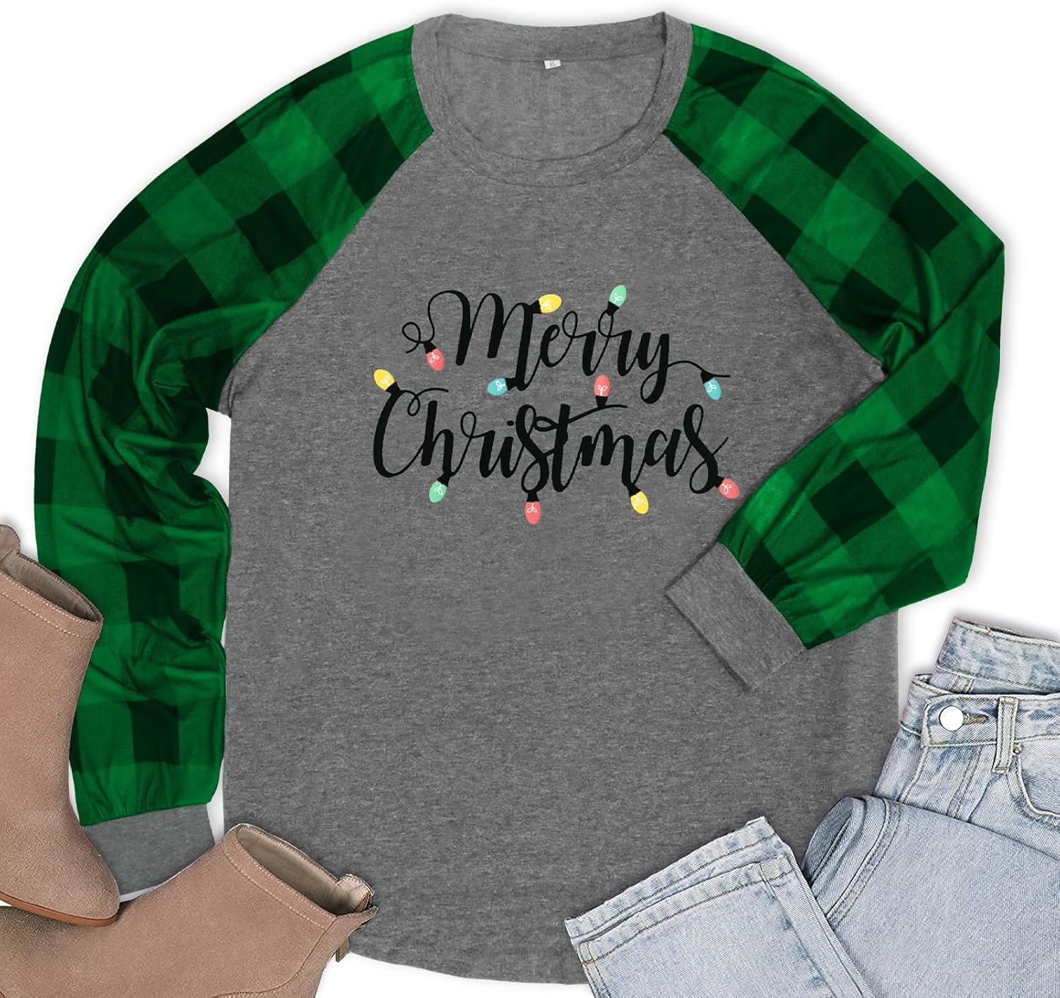 HDLTE Plus Size Merry Christmas Shirts Women Plaid Christmas Sweatshirt Long Sleeve Tee Tops - Image 4