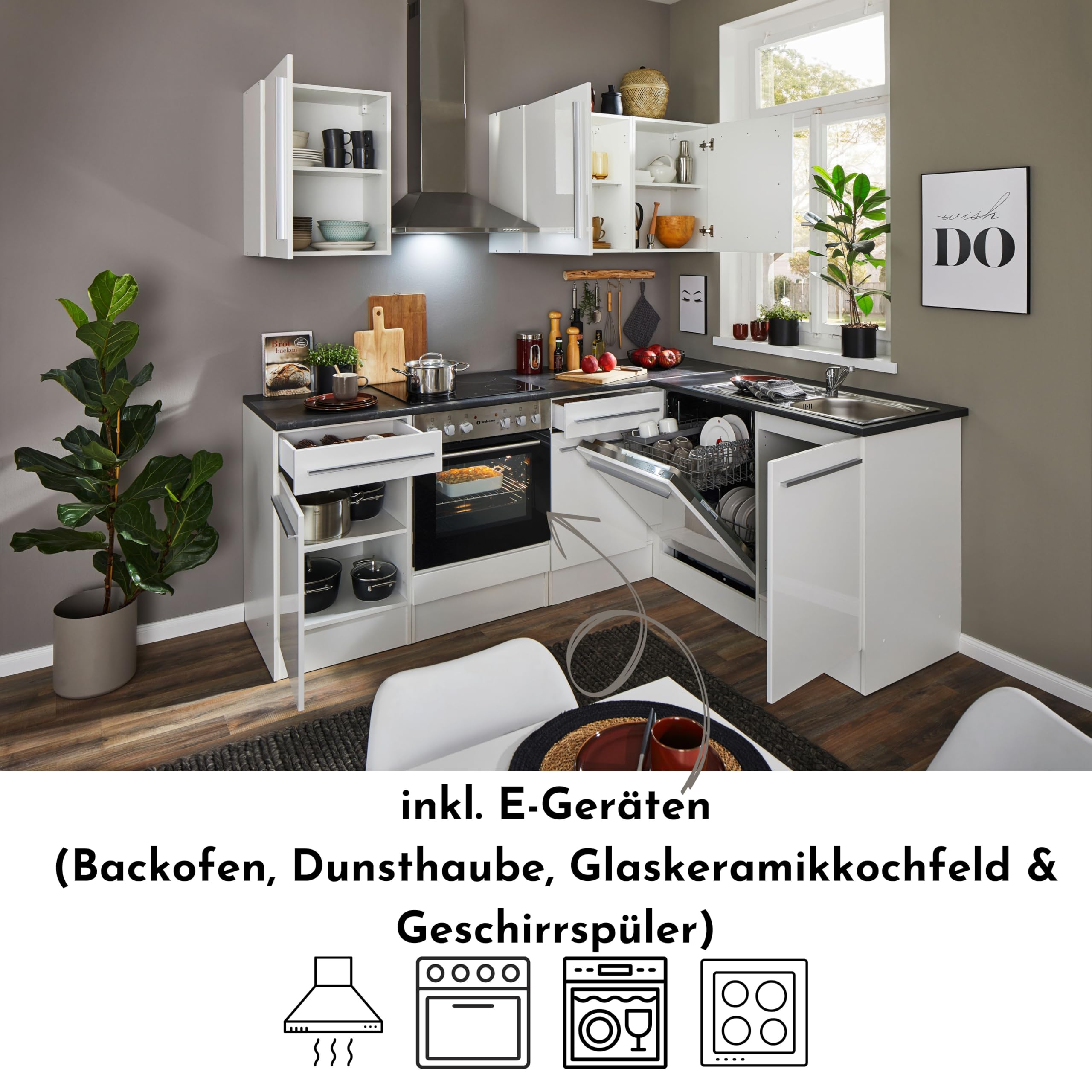 Jazz 8 Moderne Eckküche ohne Elektrogeräte in Weiß Hochglanz, Metallic Grau - Geräumige Küchenzeile in L-Form mit viel Stauraum - 220 x 211 x 60 cm (B/H/T)