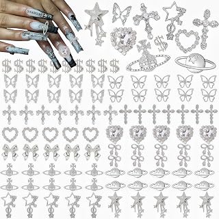105 Pcs 3D Silver Nail Charms Y2K with Versatile Elements: Dollars, Crosses, Bows, Butterflies,Hearts Rhinestones, 3D Planets and Stars for Nail Art Decoration