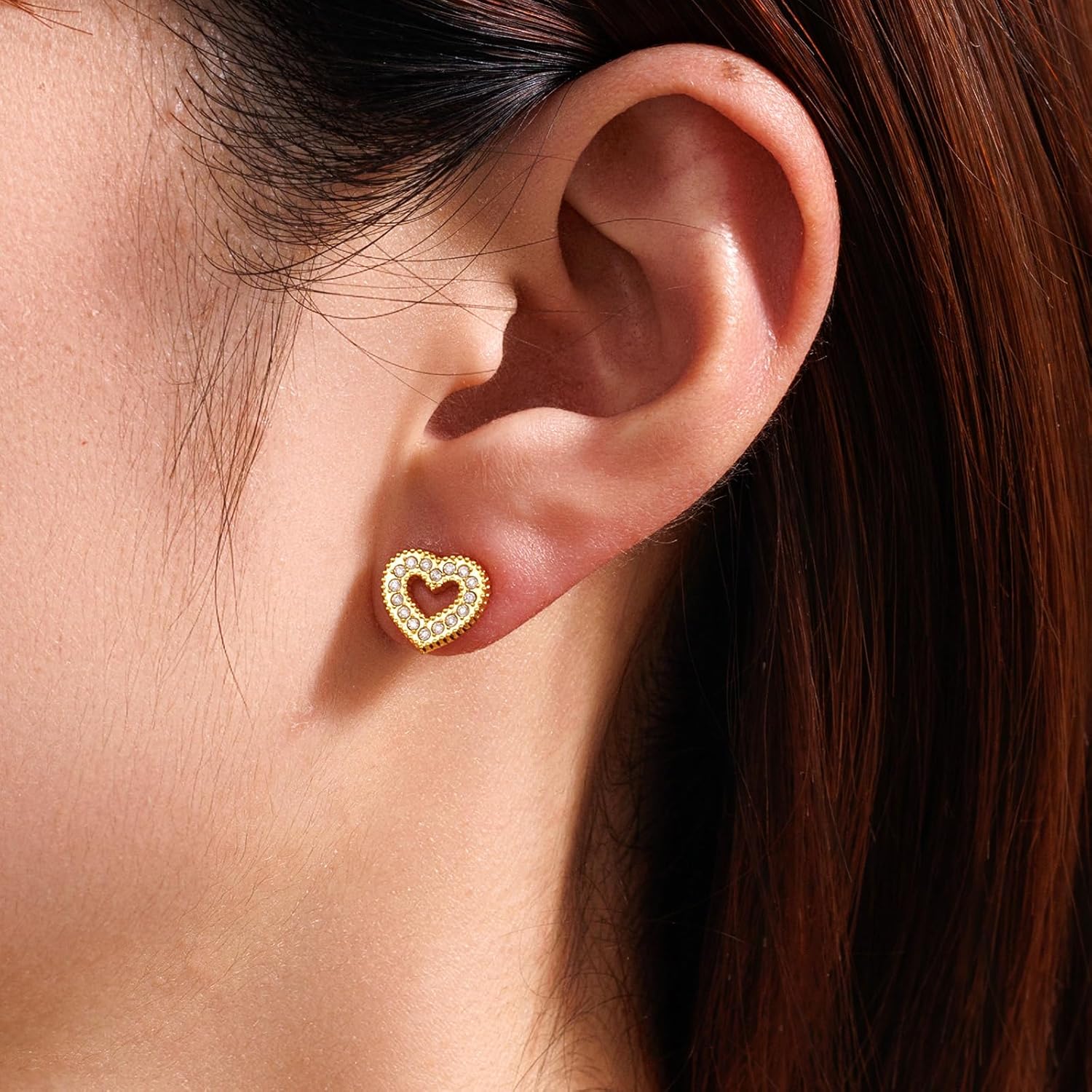 Seraphina 14K Gold Plated Heart Stud Earrings for Women Cubic Zirconia Hypoallergenic Screw Back Flatback Cartilage Helix Earrings - Image 2