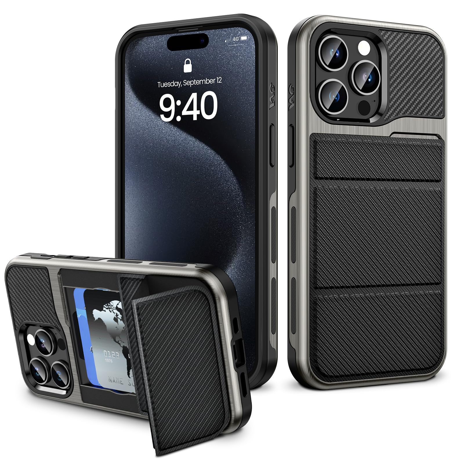 Caka for iPhone 15 Pro Case, iPhone 15 Pro Phone Case [Wallet Kickstand] [Card Holder] [Leather Card Slot], Wallet Card Holder Case for iPhone 15 Pro-Carbon Fiber Black