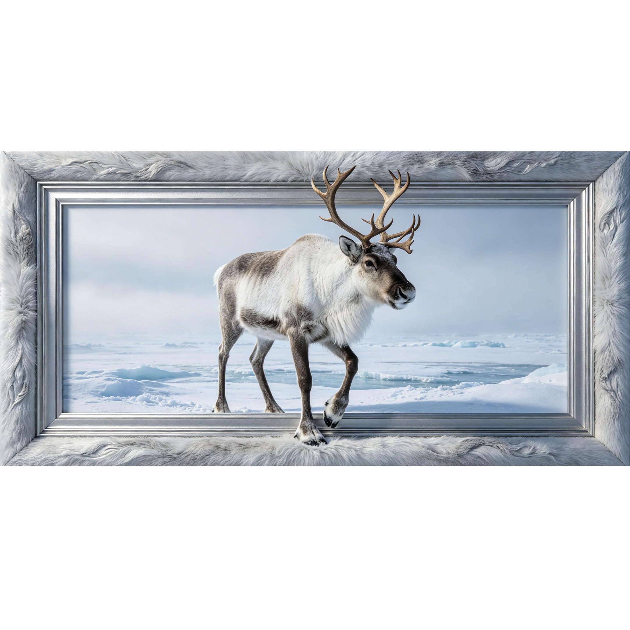 Agglomerix 3D Framed Wall Art Reindeer Tundra Arctic Landscape Trompe l'oeil Large Size SelfAdhesive Removable Wall Decor Prints Artwork for Living Room Bedroom Office