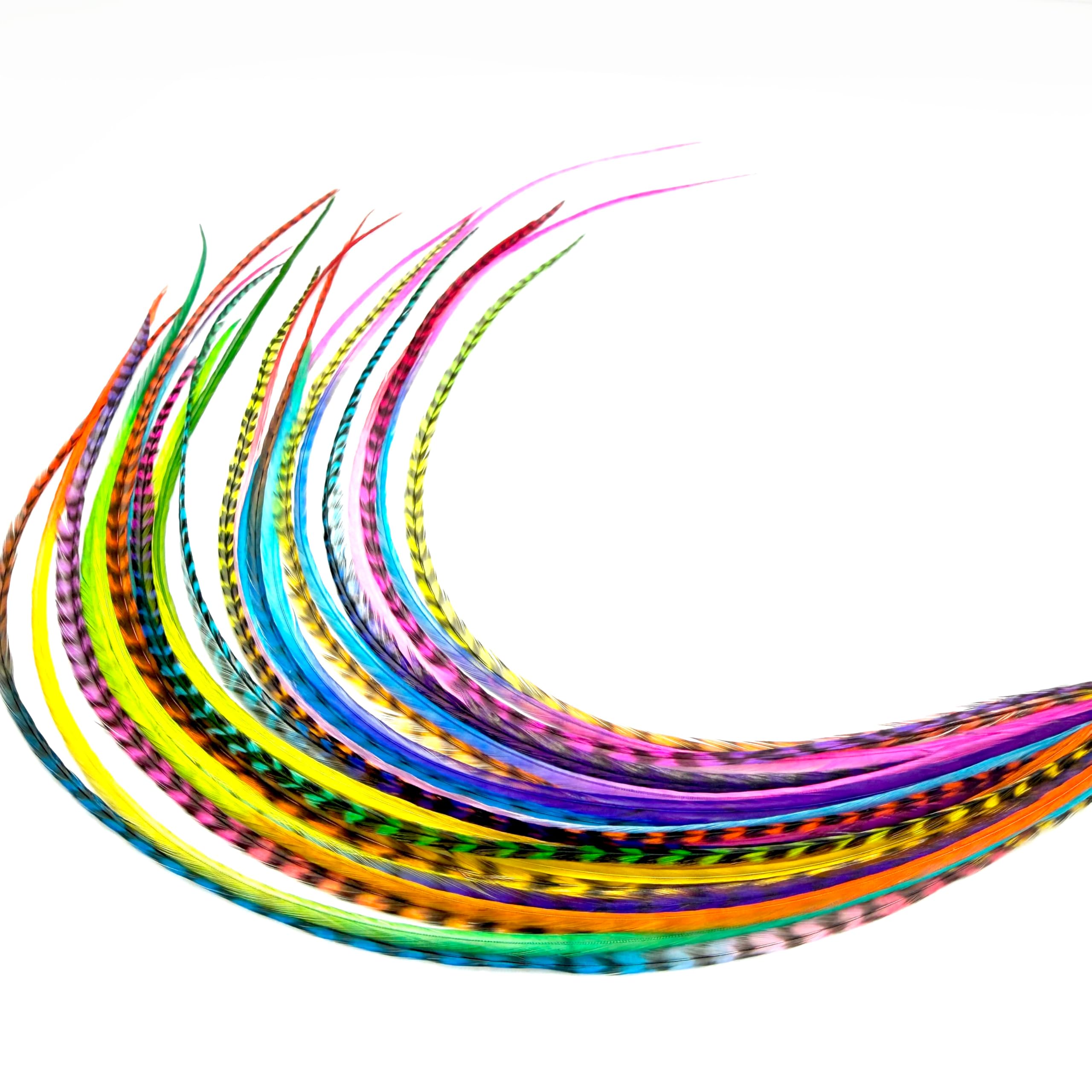 21 Rainbow Tie Dye Color Hair Extensions – 9”–14” Long – DIY Rooster Kit with 20 Micro-Link Beads – 100% Real Feathers – Eye-Catching Boho Style