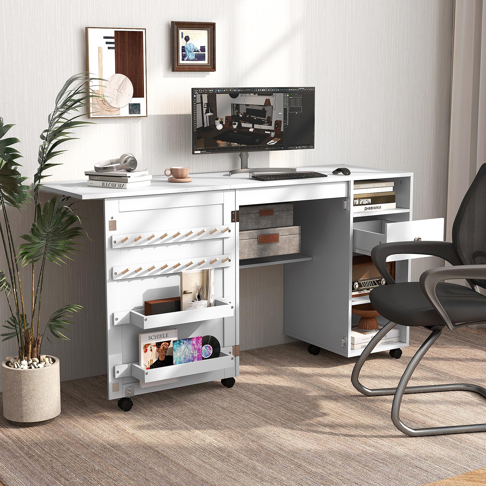 COSTWAY Table de Couture Pliante, Meuble Machine à Coudre avec 4 Compartiments Ouverts et 1 Tiroir de Rangement, 18 Rangées de Bâtonnets, 2 Plateaux de Rangement, roulettes Verrouillables, Blanc