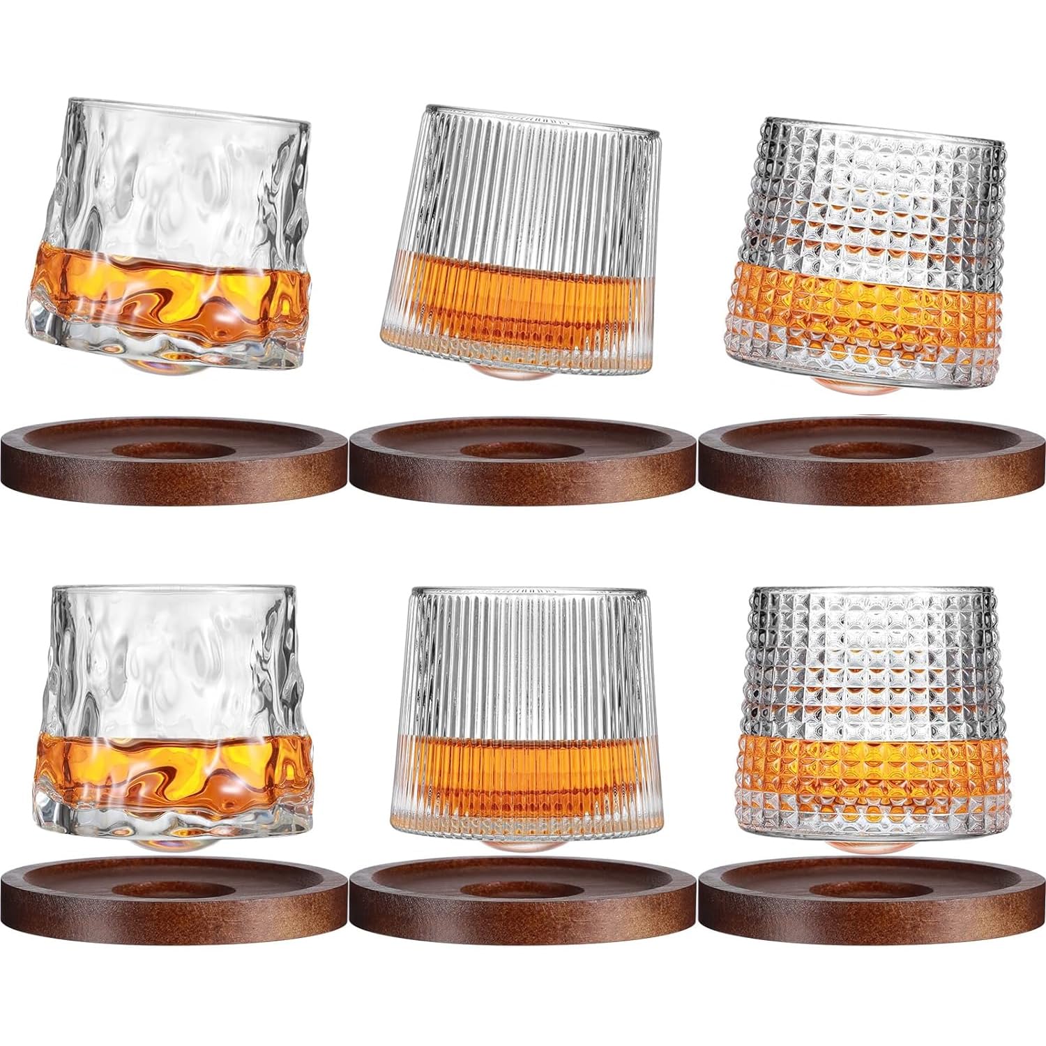 Crystal Whiskey Glasses 160ml Set of 6, Rotatable Old Fashioned Glasses with Creative Walnut Coasters, Tumbler Rocks Bar Glass for Drinking Bourbon, Scotch, Cocktails, Cognac