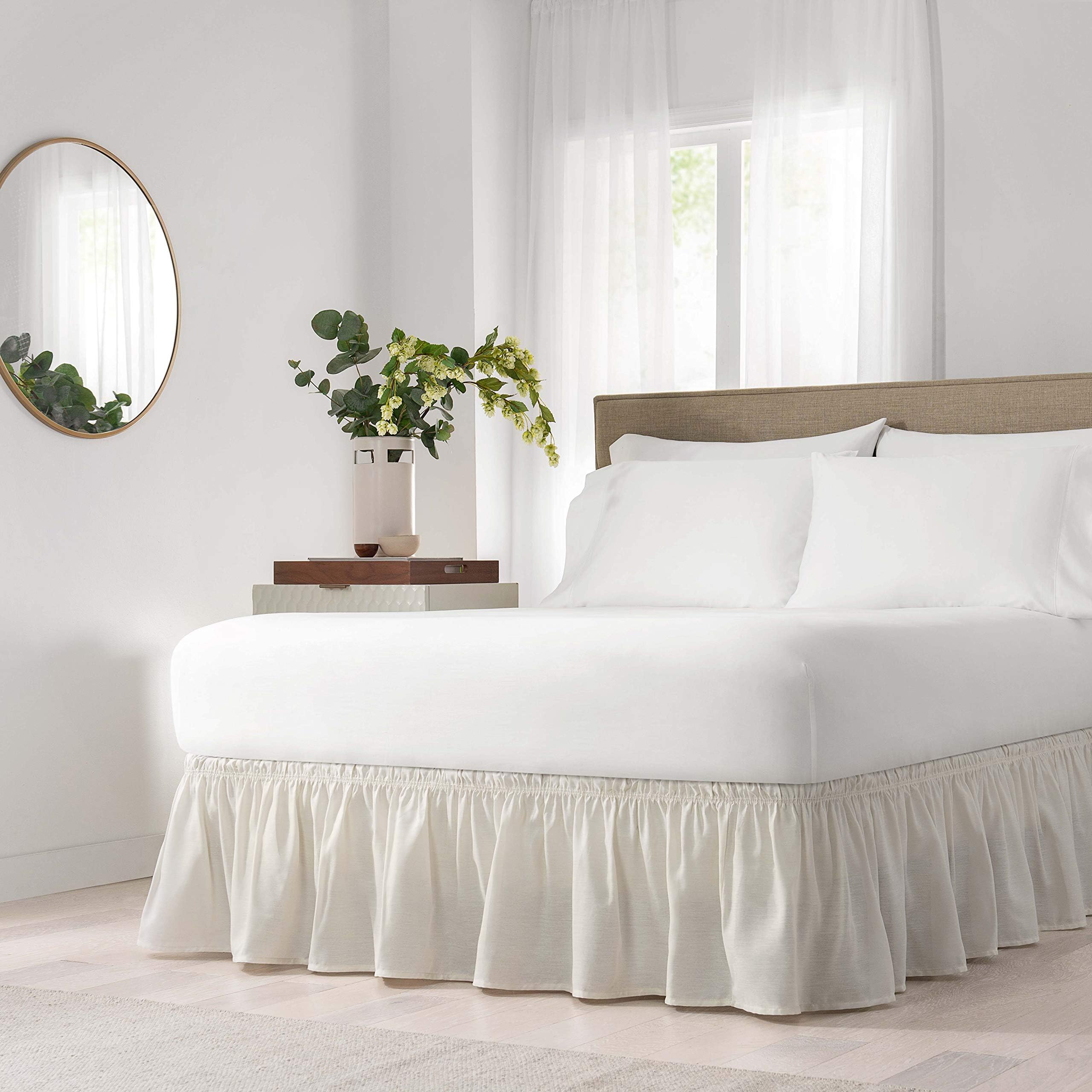 Easy Fit Solid Elastic Wrap Around Bed Skirt, Easy On/Off Dust Ruffle (18 Inch Drop), Queen/King, Ivory