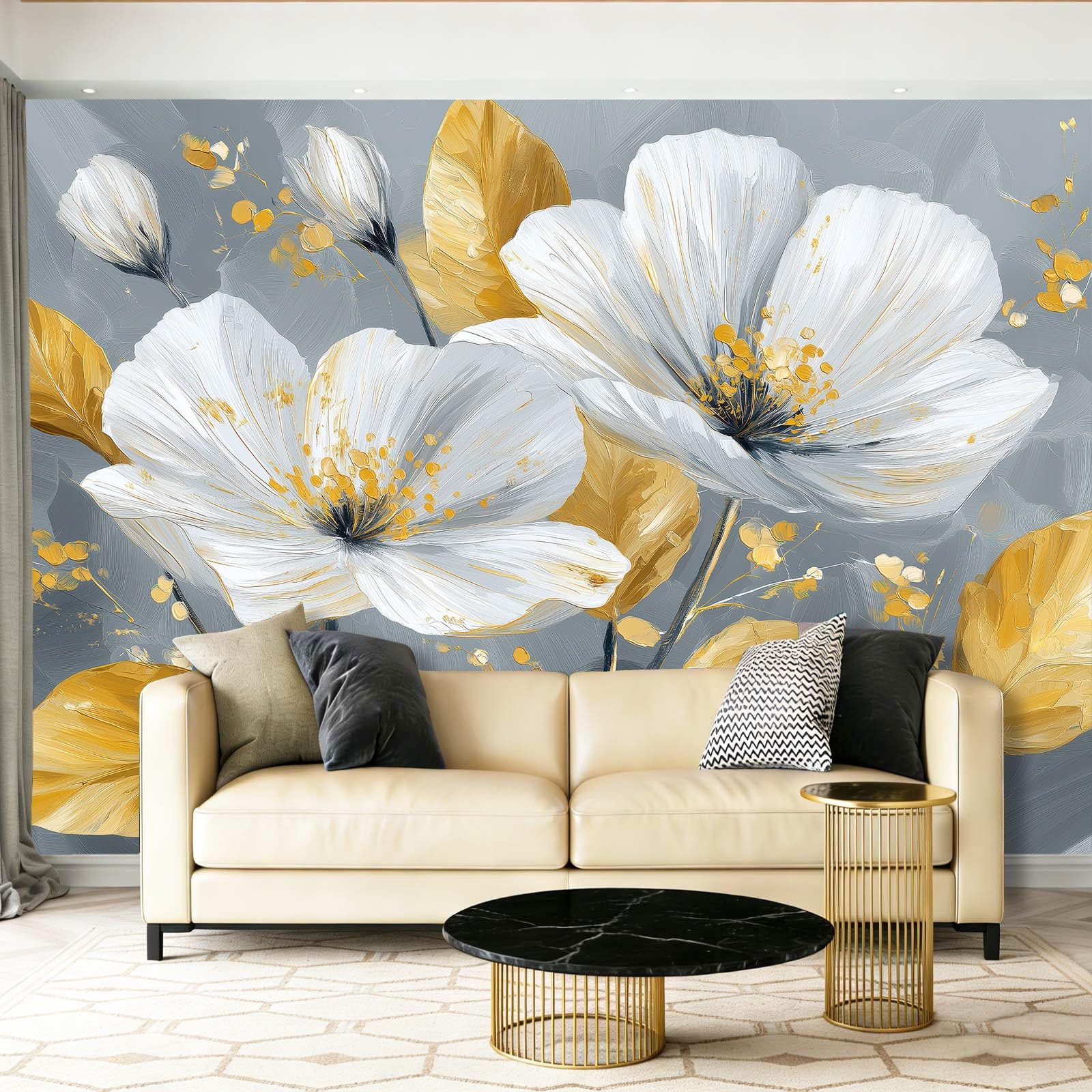 Fototapeta 350 x 256 cm ściany dekoracja salonu design elegancja rośliny kwiaty obraz olejny do sypialni salonu tapeta z włókniny, złoty szary