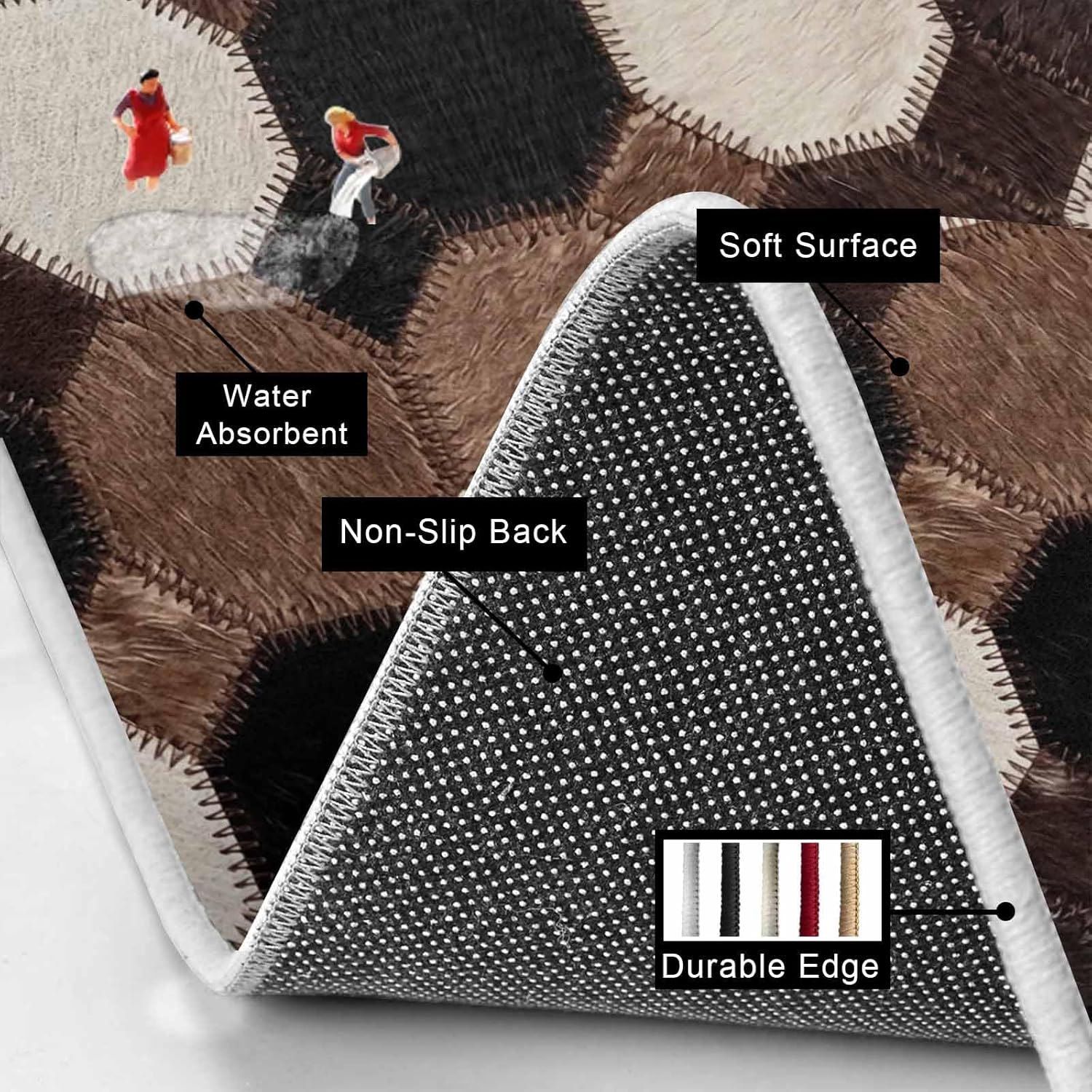 Round Patchwork Kitchen Mat Set 2 Pieces Western Ethnic Abstract Black Brown White Fur Style Non Slip Kitchen Rugs Washable Runner Rug Mats for Floor Sink Laundry Office 23.6" x 35.4"+23.6" x 70.9"