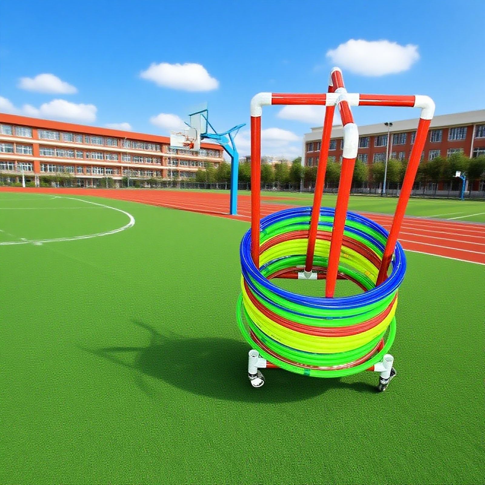 Hula-Hoop-Organizer, Aufbewahrung, tragbarer Sport-Reifen, Display-Rollhalter, abnehmbarer leichter Wagen für Kinder Hula Hoops