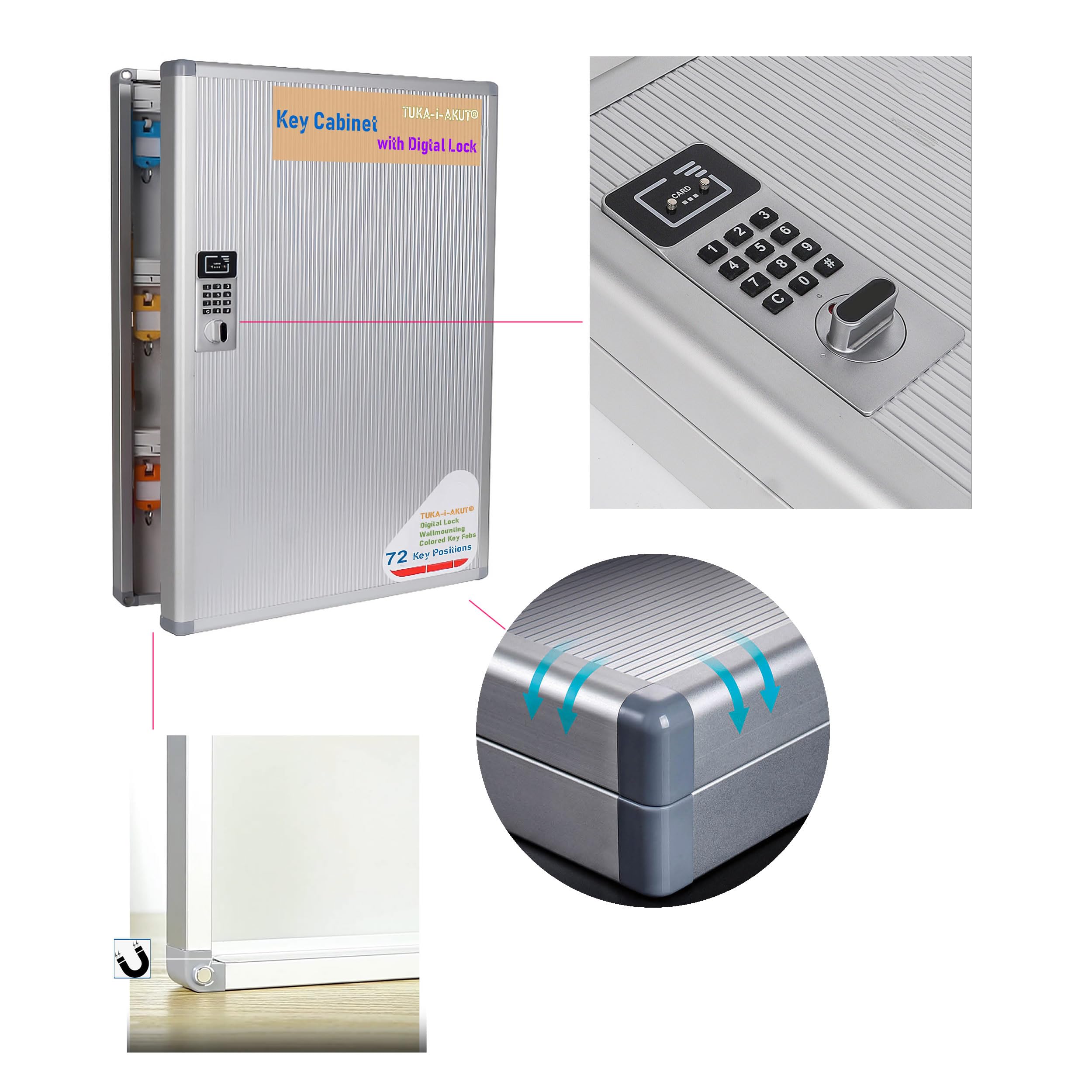 TUKA-i-AKUT Schlüsselkasten 72 Haken mit Elektronikschloss, Abschließbar Metall Schlüsselschrank Wandmontage, Aluminium Schlüsseltresor, farbige Schlüsselanhänger und Zahlenschloss, TKD8651-72